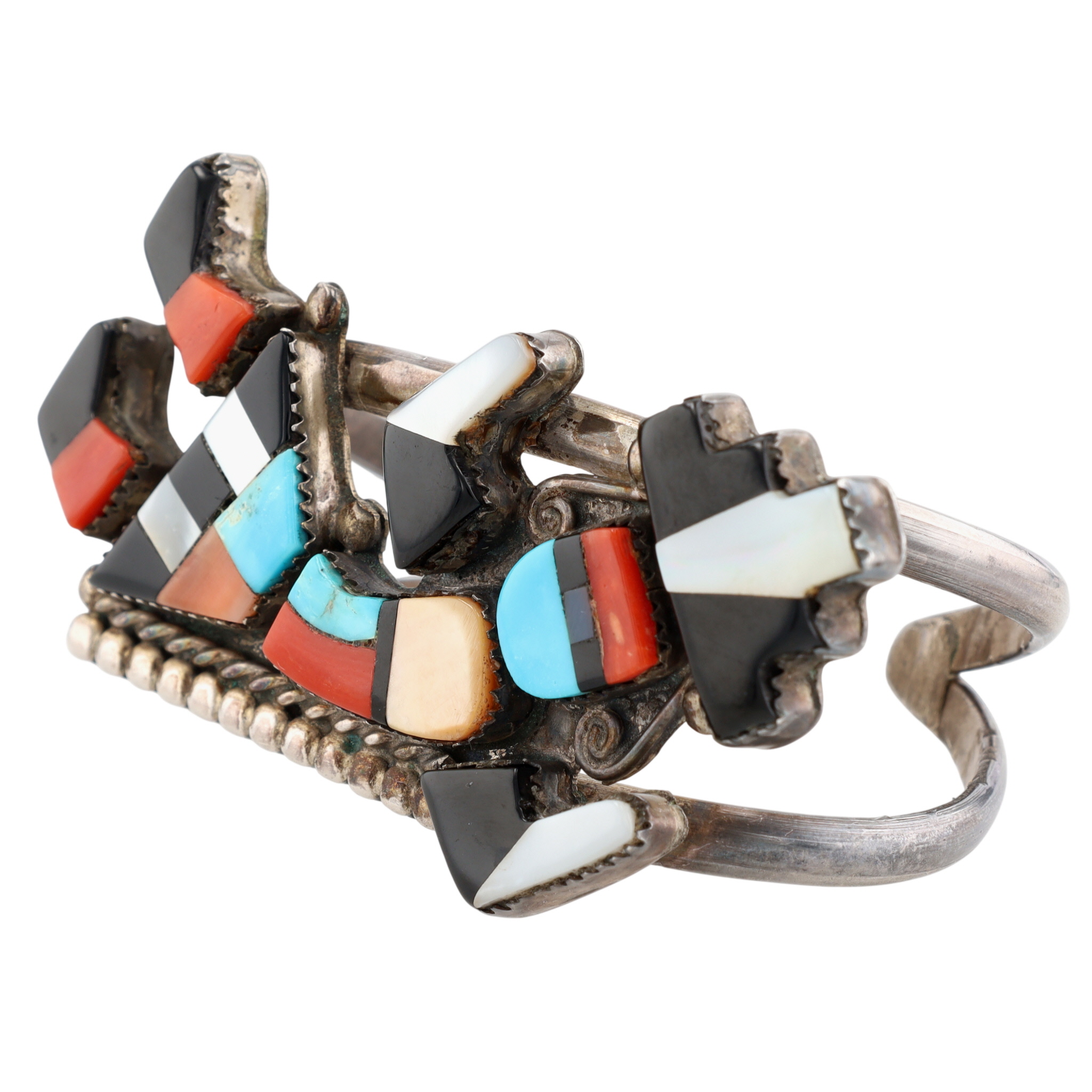 Vintage Zuni Sterling Multi-Stone Inlay Rainbow Man Cuff Bracelet