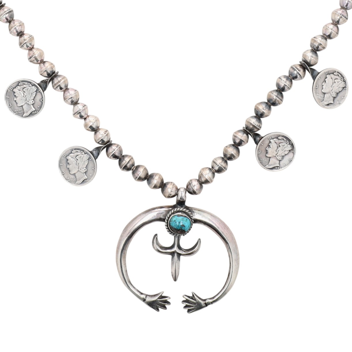 Vintage Navajo Sterling Turquoise Mercury Dime Station Necklace