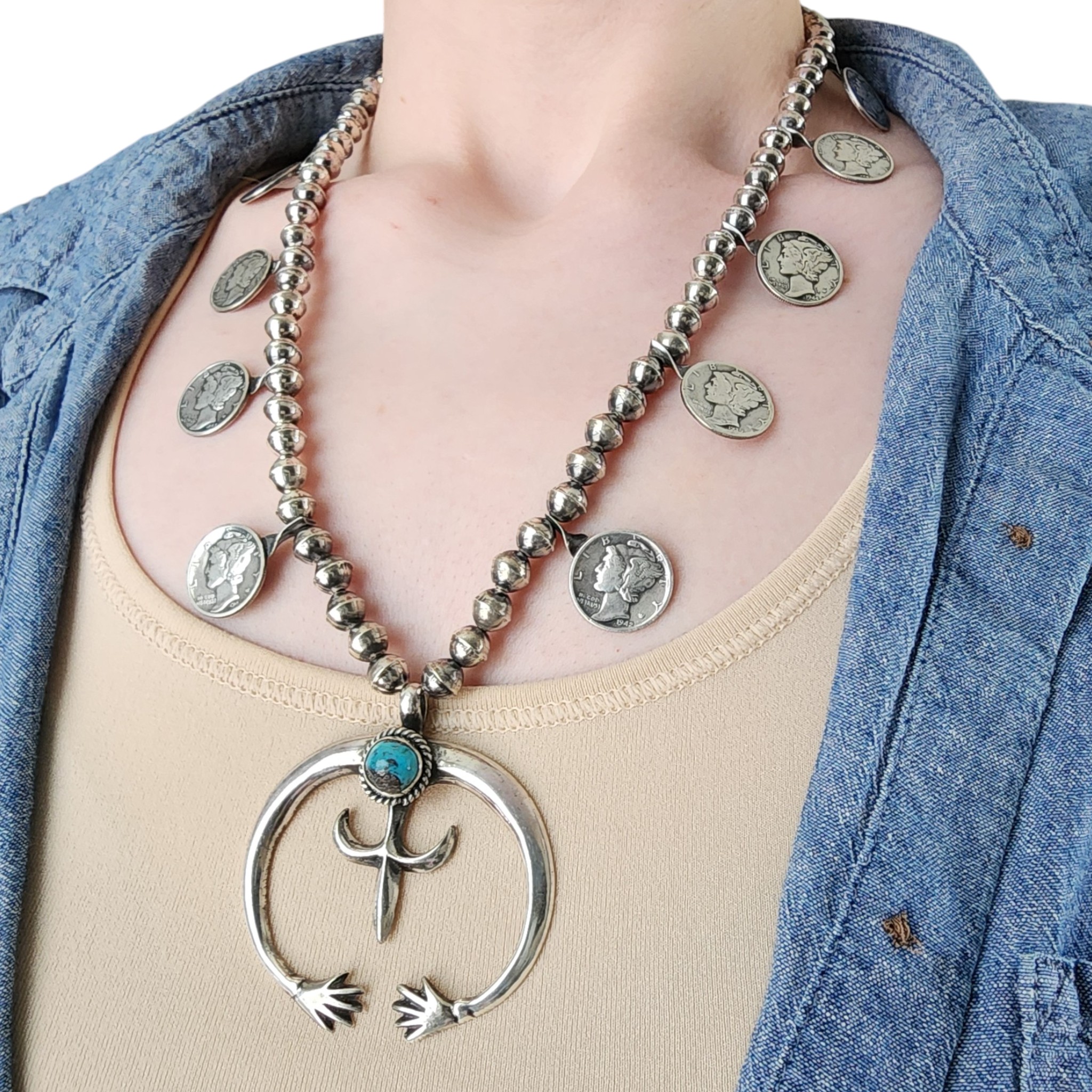Vintage Navajo Sterling Turquoise Mercury Dime Station Necklace