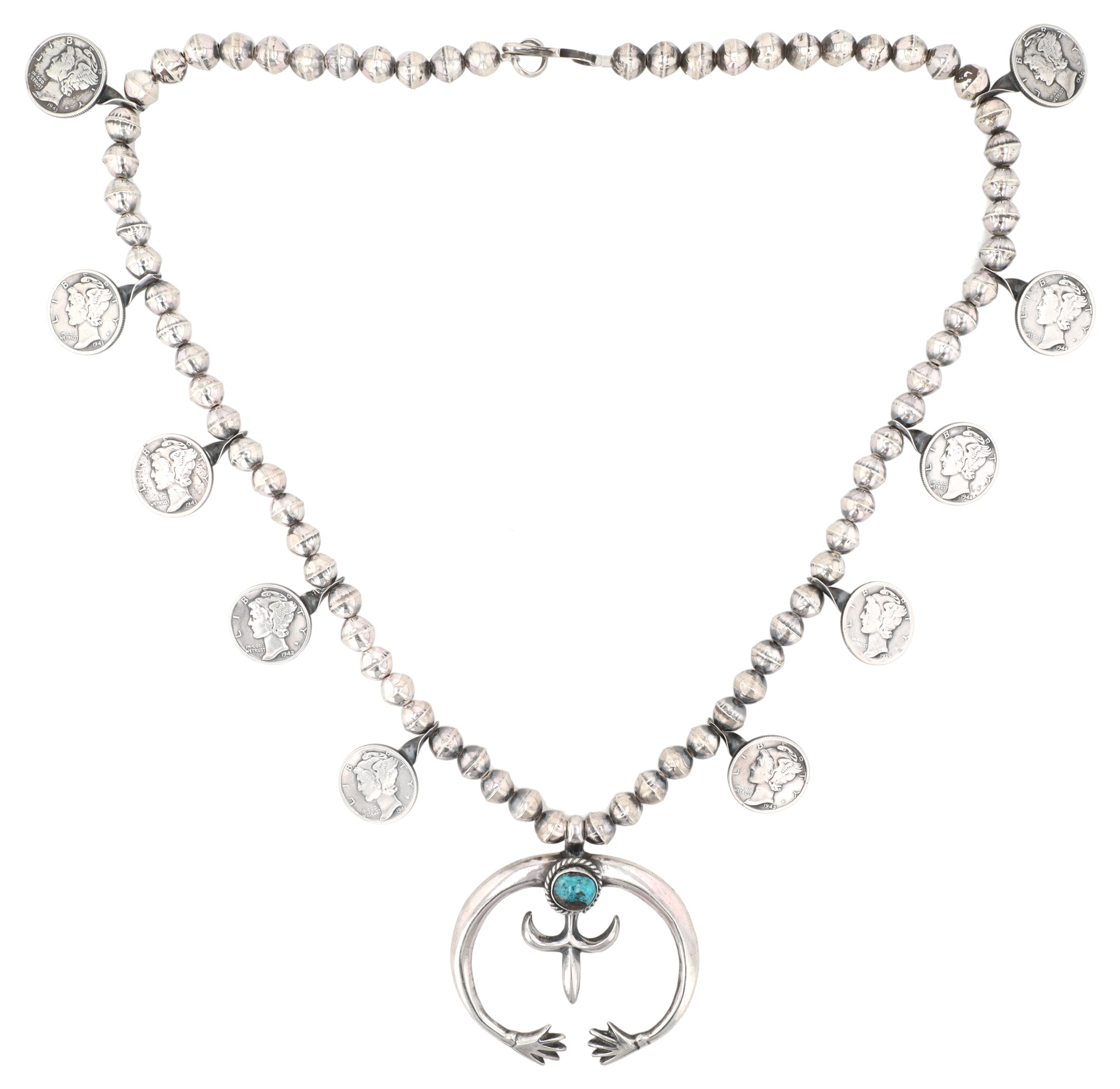Vintage Navajo Sterling Turquoise Mercury Dime Station Necklace