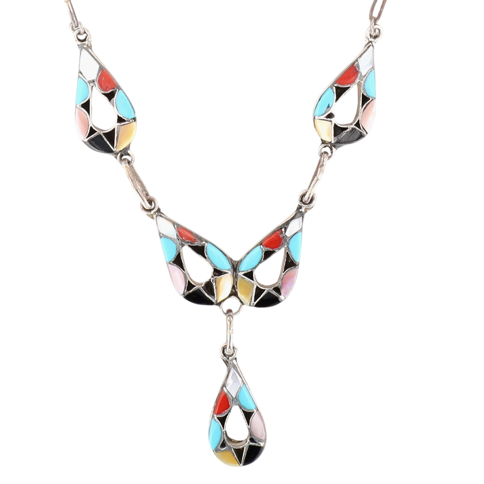 Emma Bowekaty Zuni Sterling Multi-Stone Inlay Teardrop Necklace