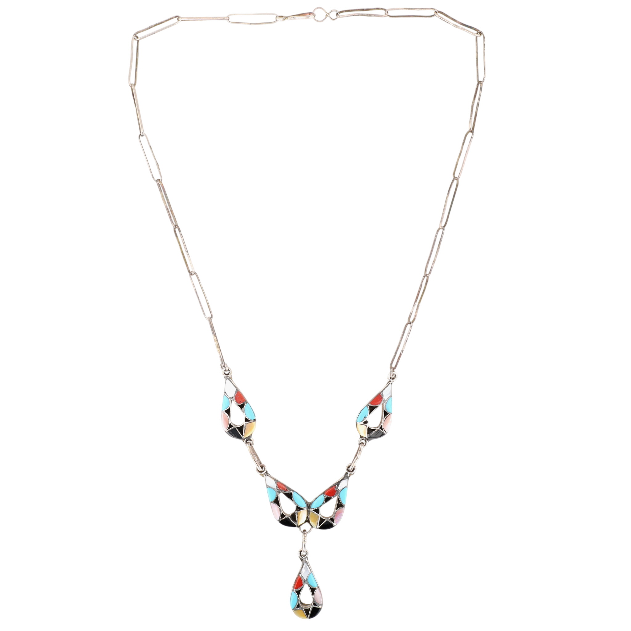 Emma Bowekaty Zuni Sterling Multi-Stone Inlay Teardrop Necklace