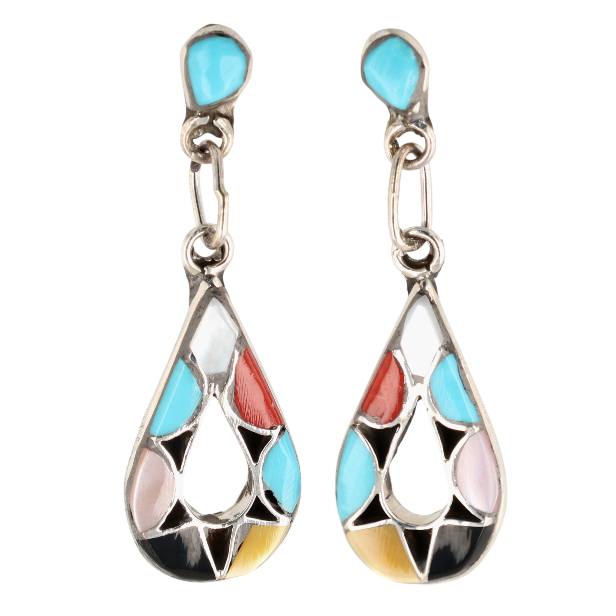 Emma Bowekaty Zuni Sterling Multi-Stone Inlay Teardrop Earrings