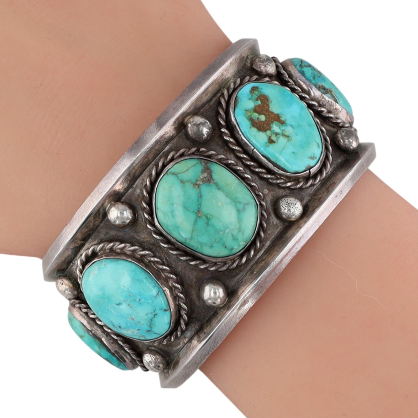 Vintage Navajo Sterling Turquoise Row Cuff Bracelet