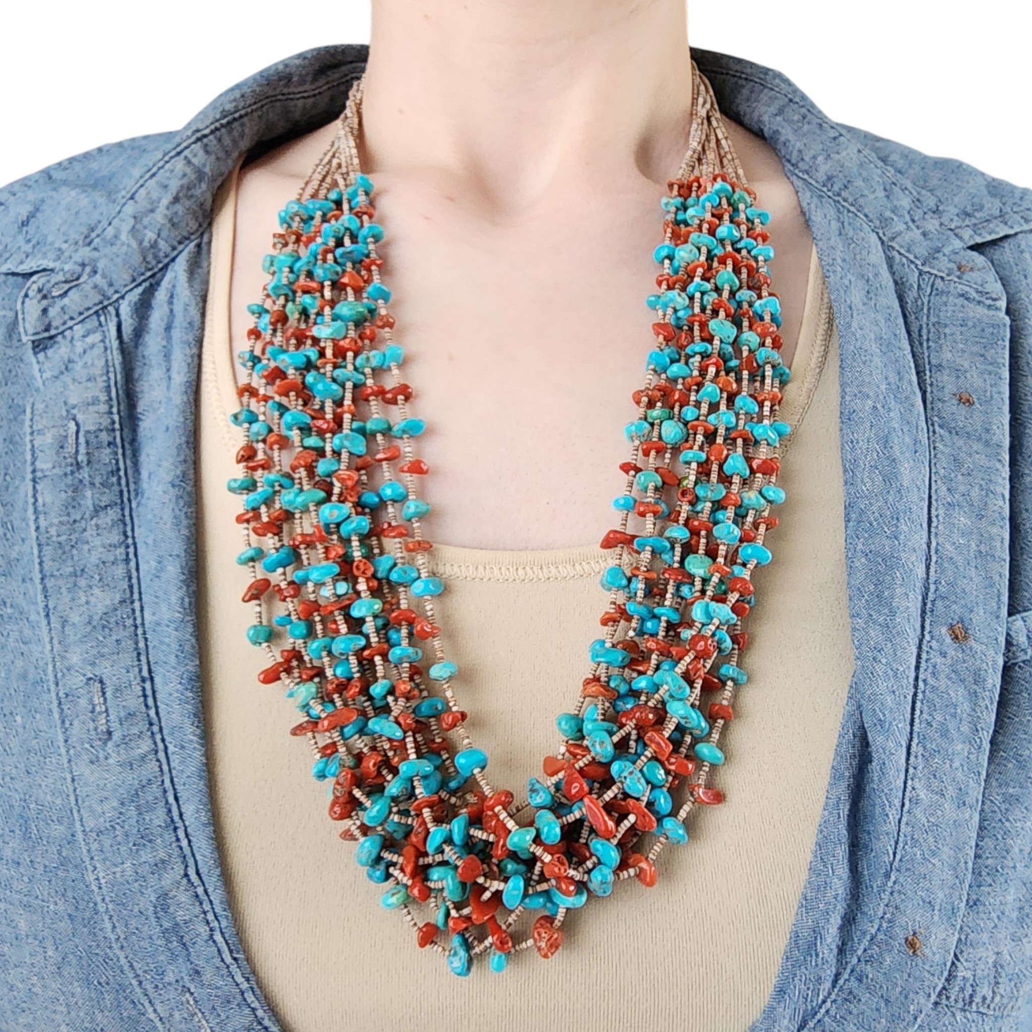 Vintage Santo Domingo Sterling Turquoise Coral Heishi 12-Strand Necklace