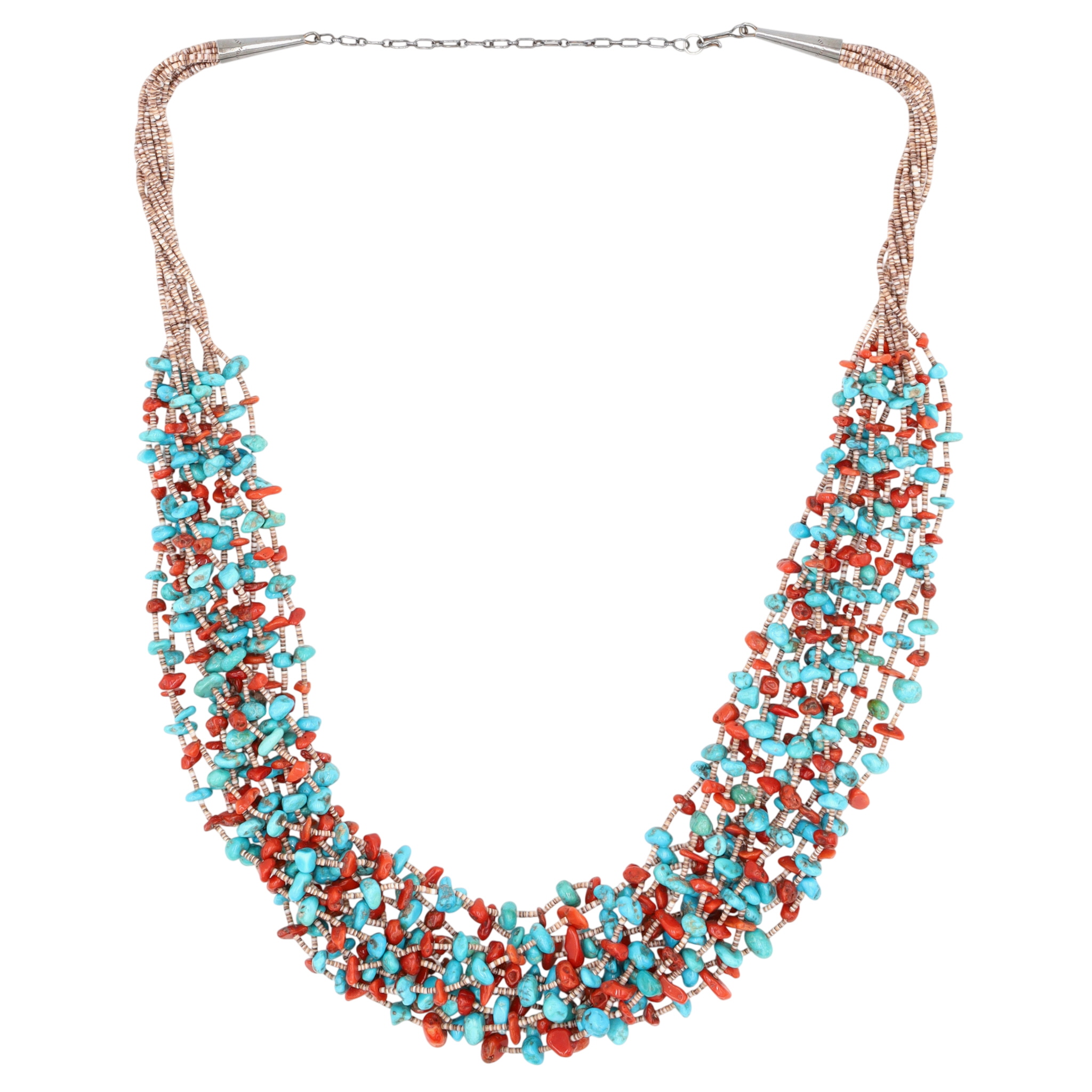 Vintage Santo Domingo Sterling Turquoise Coral Heishi 12-Strand Necklace