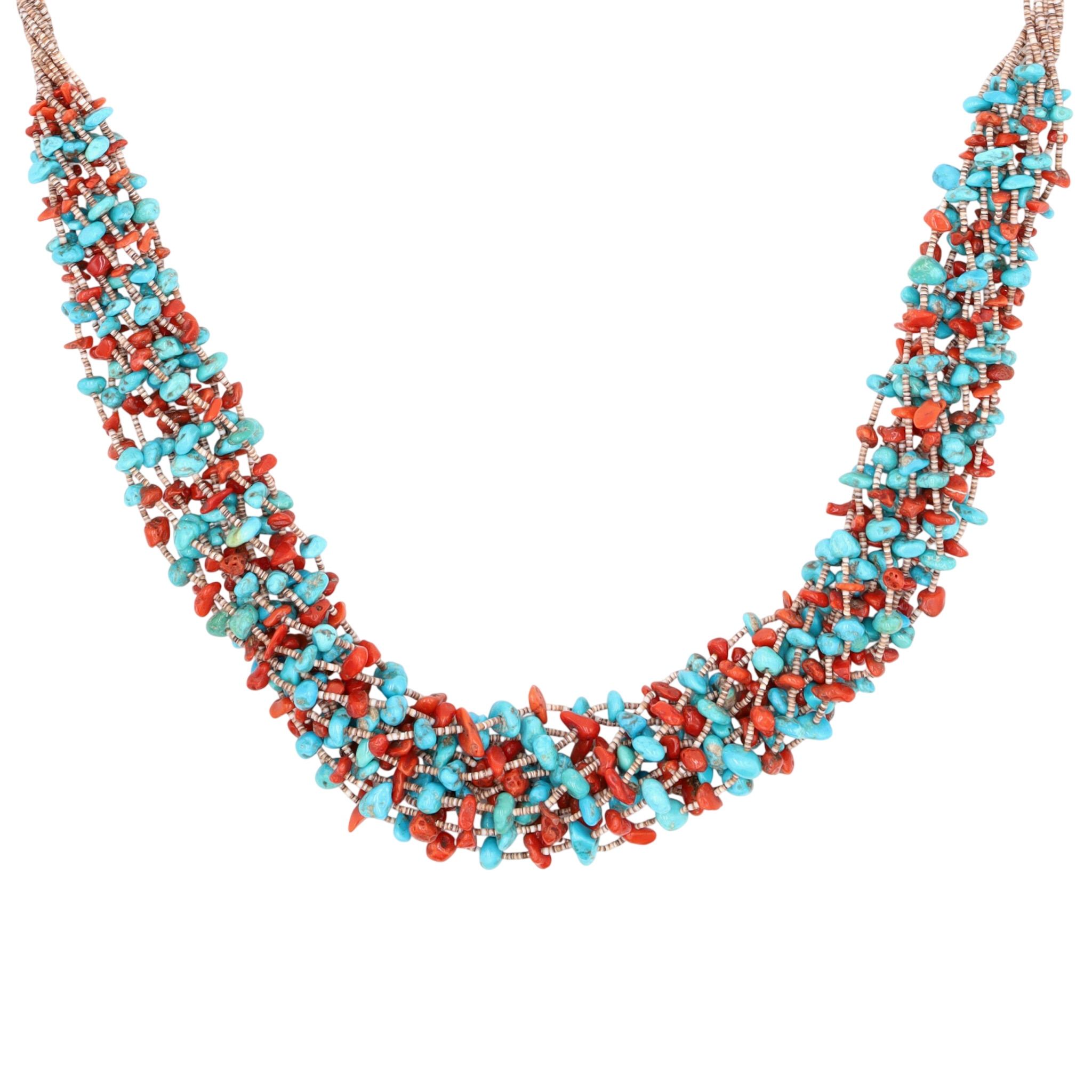 Vintage Santo Domingo Sterling Turquoise Coral Heishi 12-Strand Necklace