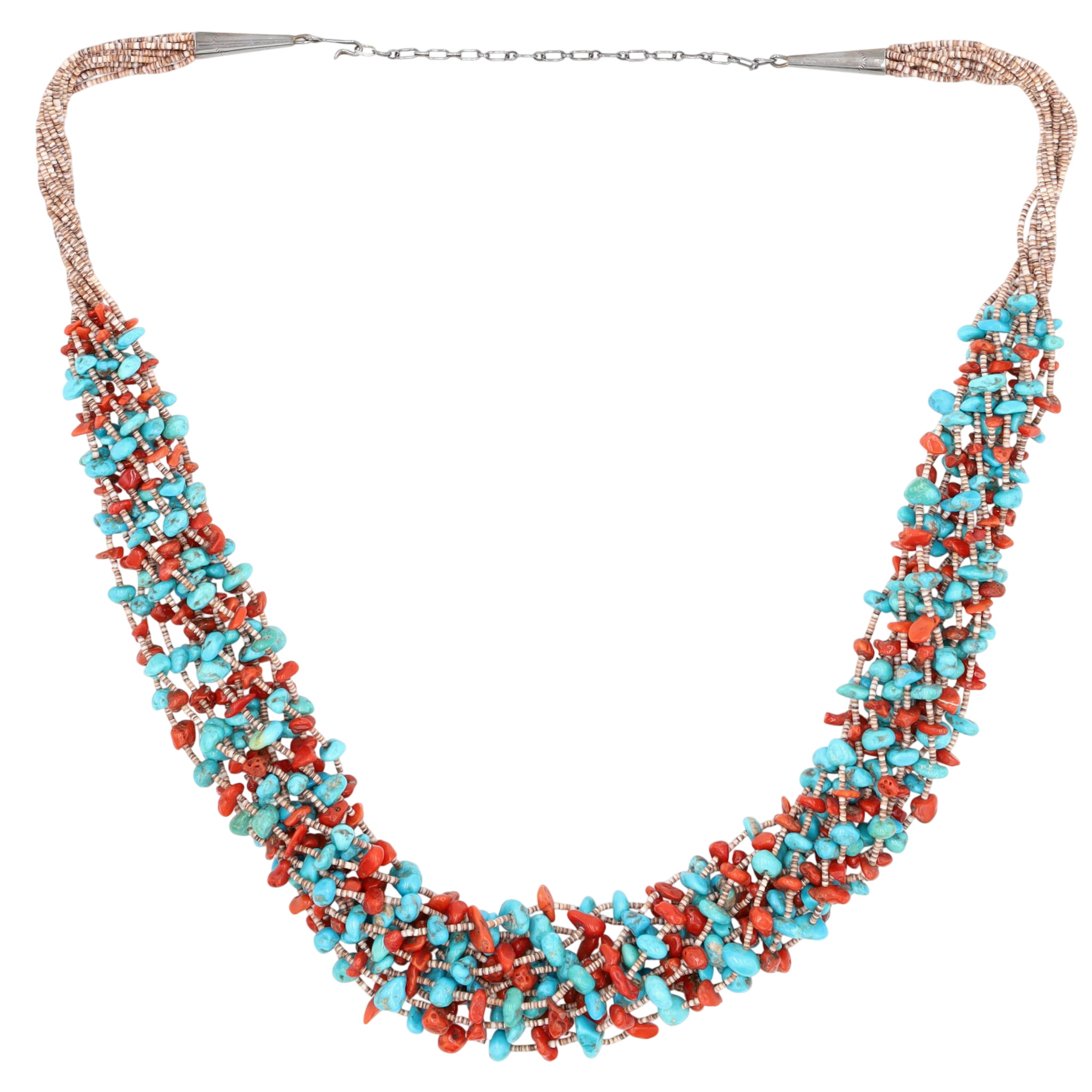 Vintage Santo Domingo Sterling Turquoise Coral Heishi 12-Strand Necklace