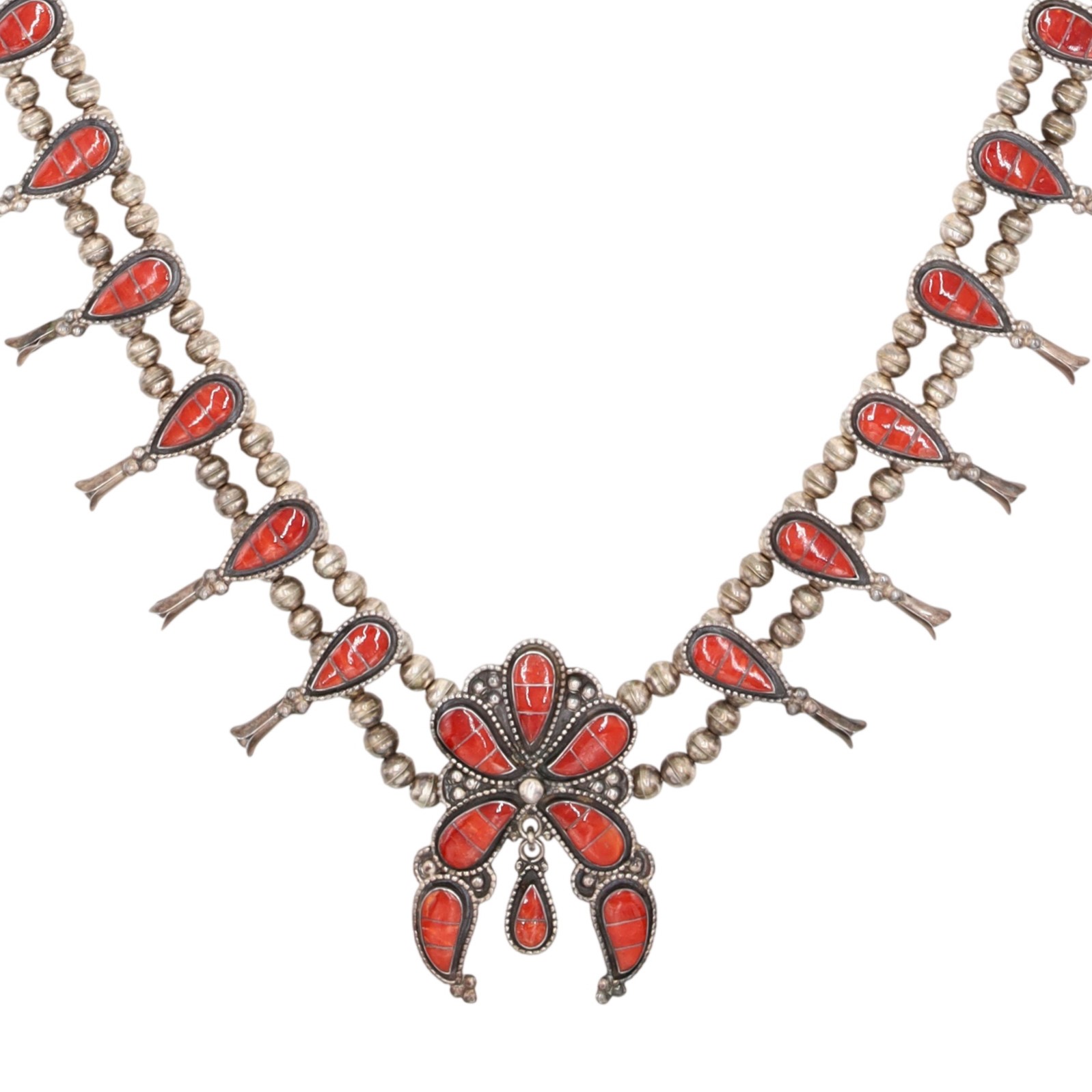 Susie Lowsayatee Zuni Sterling Coral Teardrop Inlay Squash Blossom Necklace