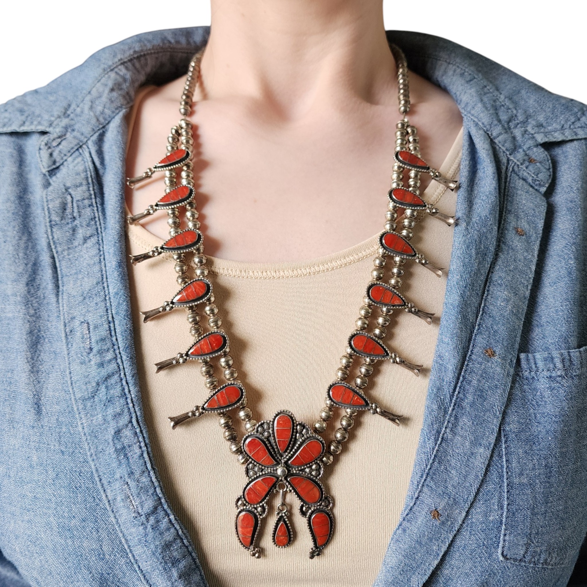 Susie Lowsayatee Zuni Sterling Coral Teardrop Inlay Squash Blossom Necklace