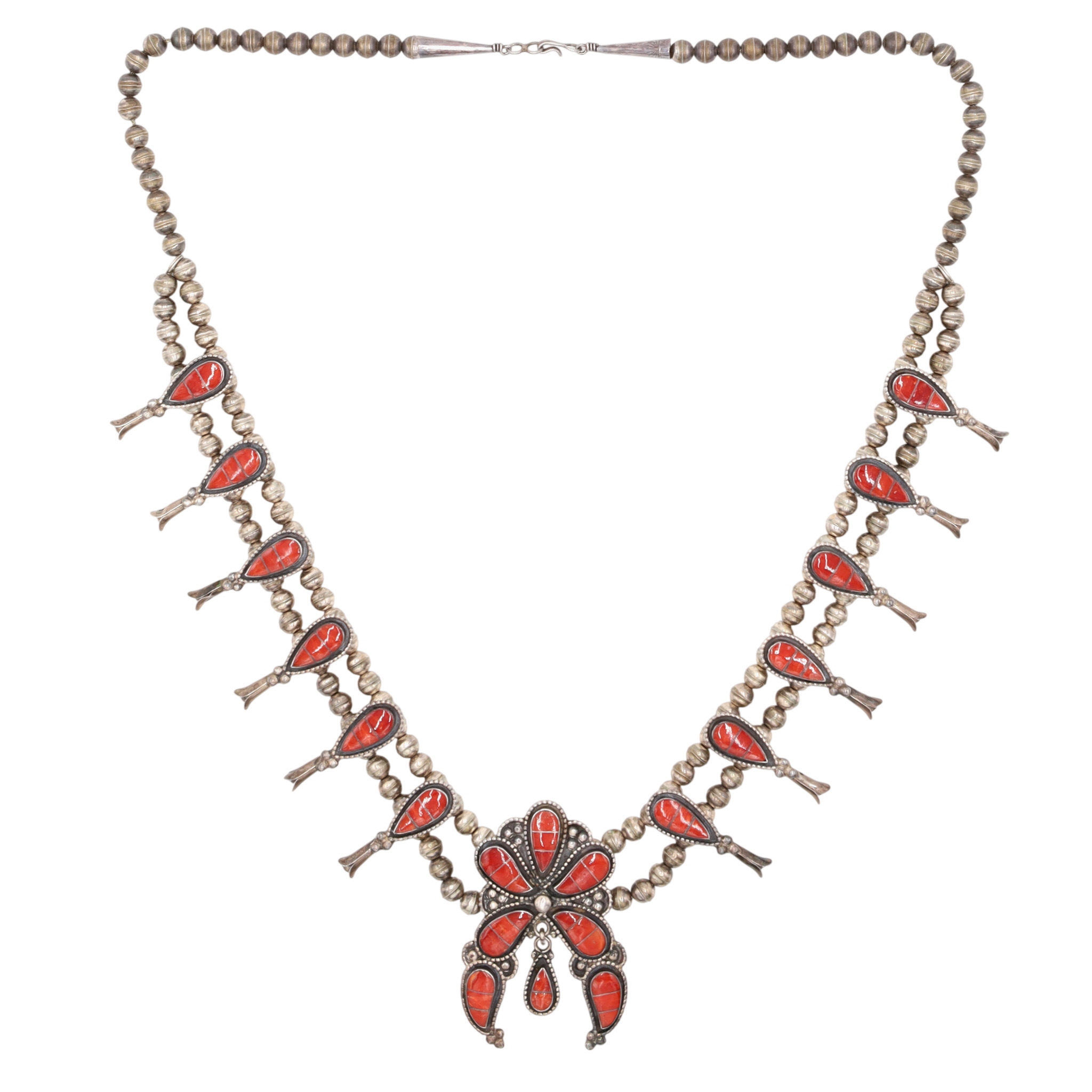 Susie Lowsayatee Zuni Sterling Coral Teardrop Inlay Squash Blossom Necklace