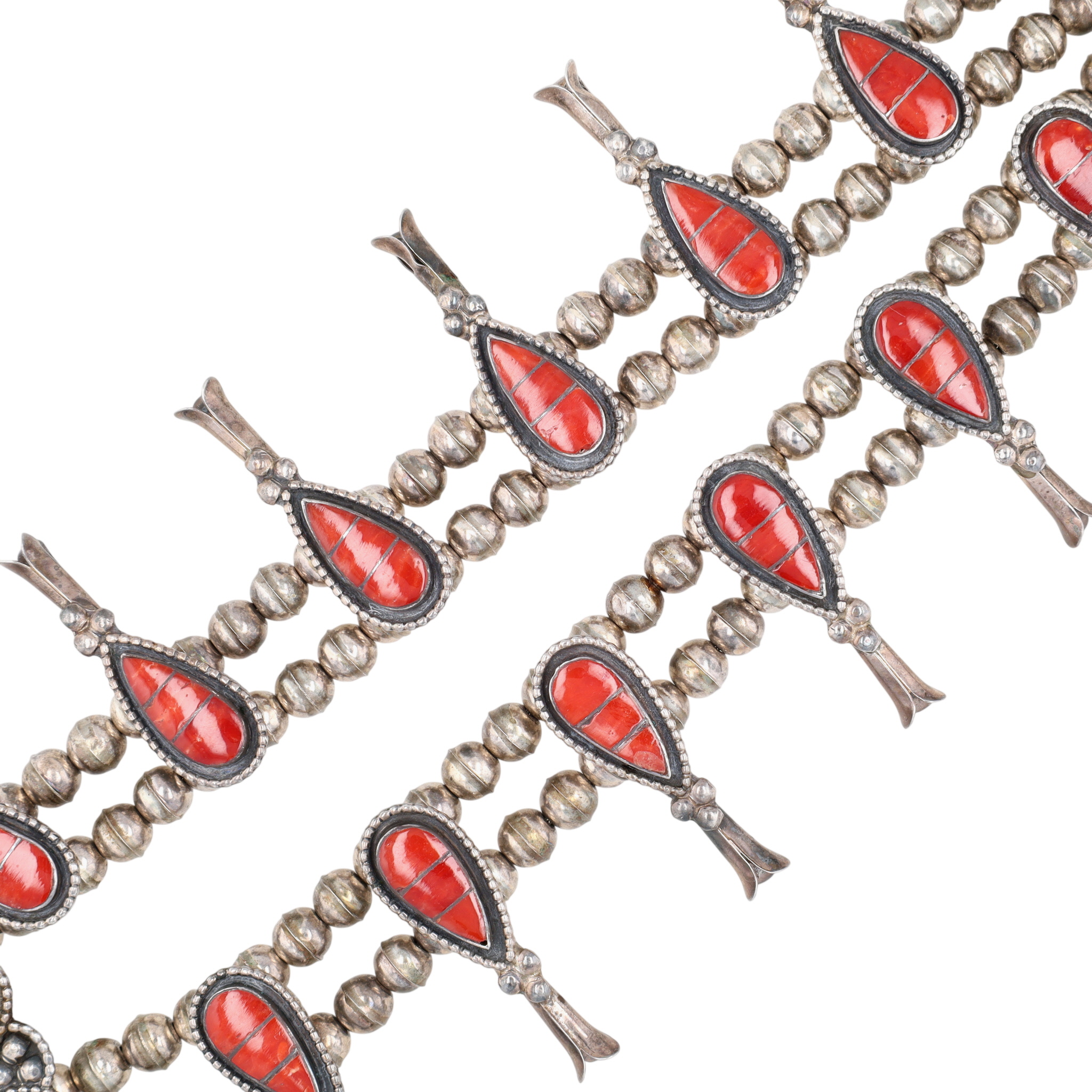 Susie Lowsayatee Zuni Sterling Coral Teardrop Inlay Squash Blossom Necklace