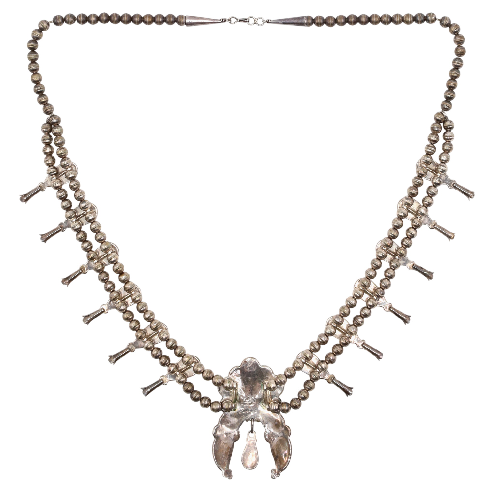 Susie Lowsayatee Zuni Sterling Coral Teardrop Inlay Squash Blossom Necklace