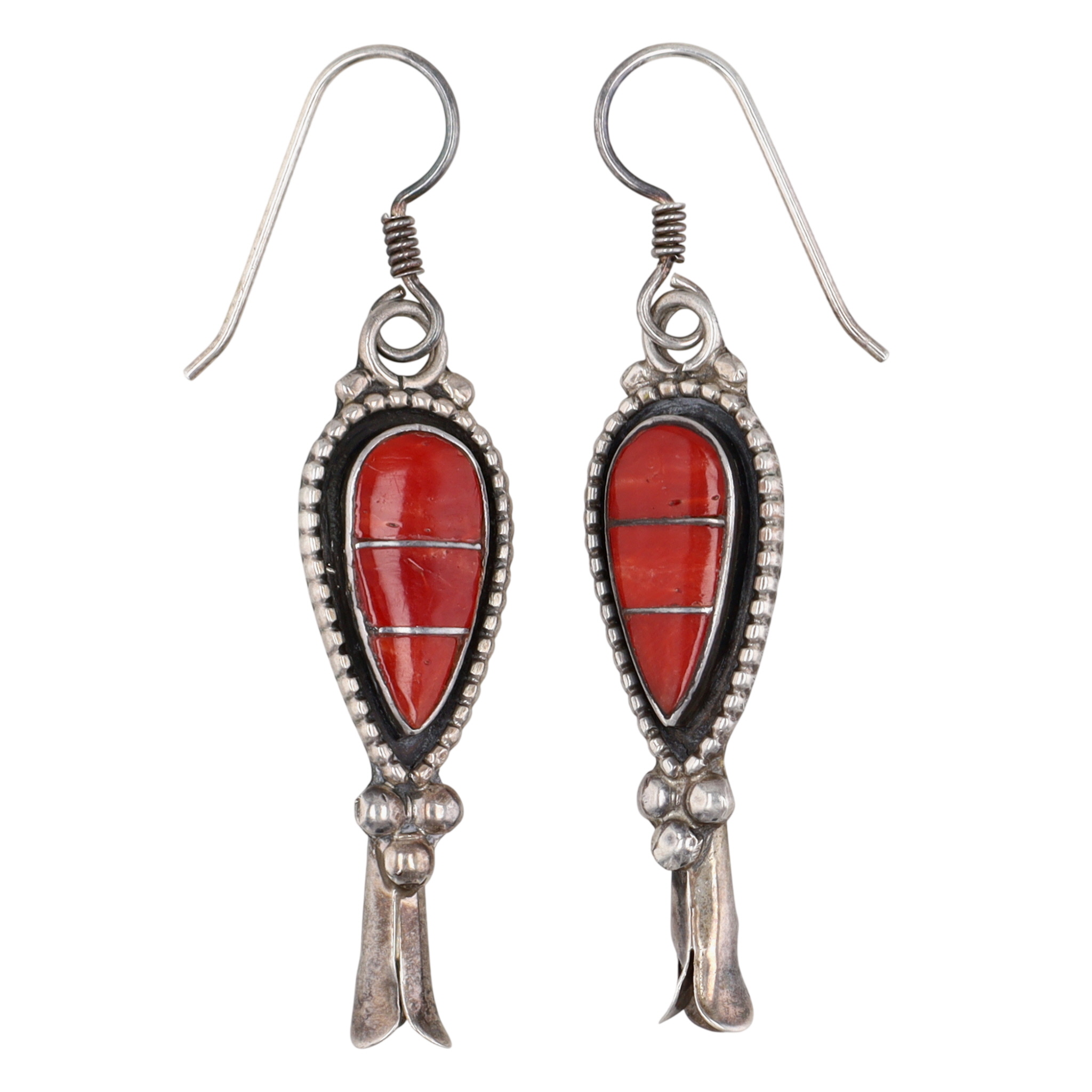 Susie Lowsayatee Zuni Sterling Coral Teardrop Inlay Squash Blossom Earrings