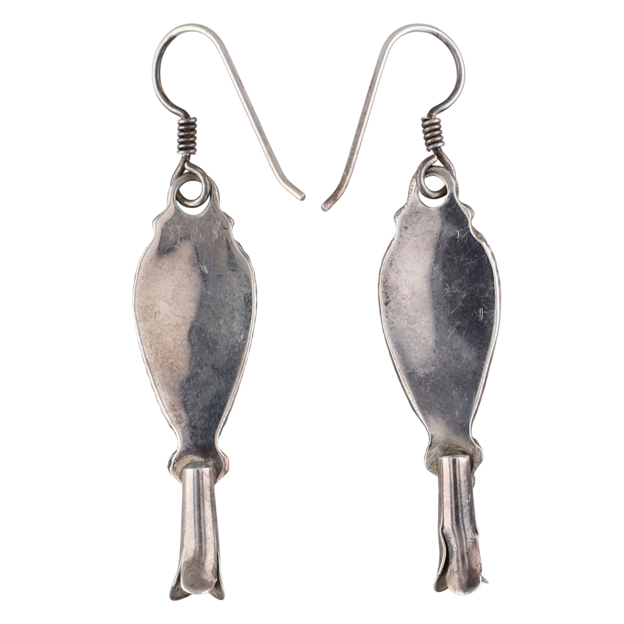 Susie Lowsayatee Zuni Sterling Coral Teardrop Inlay Squash Blossom Earrings