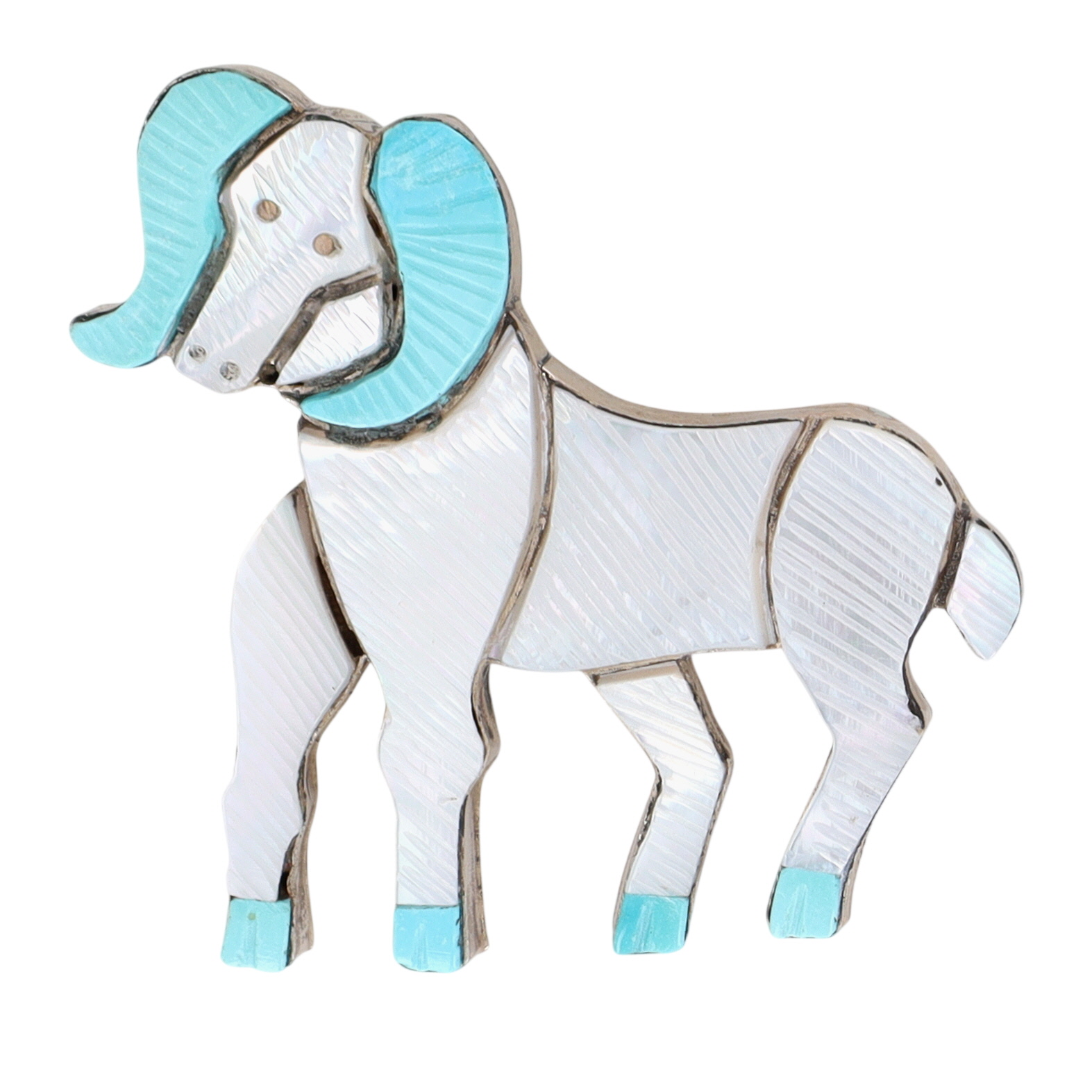 Stephen Lonjose Zuni Sterling Carved Inlay Ram Pendant/Brooch