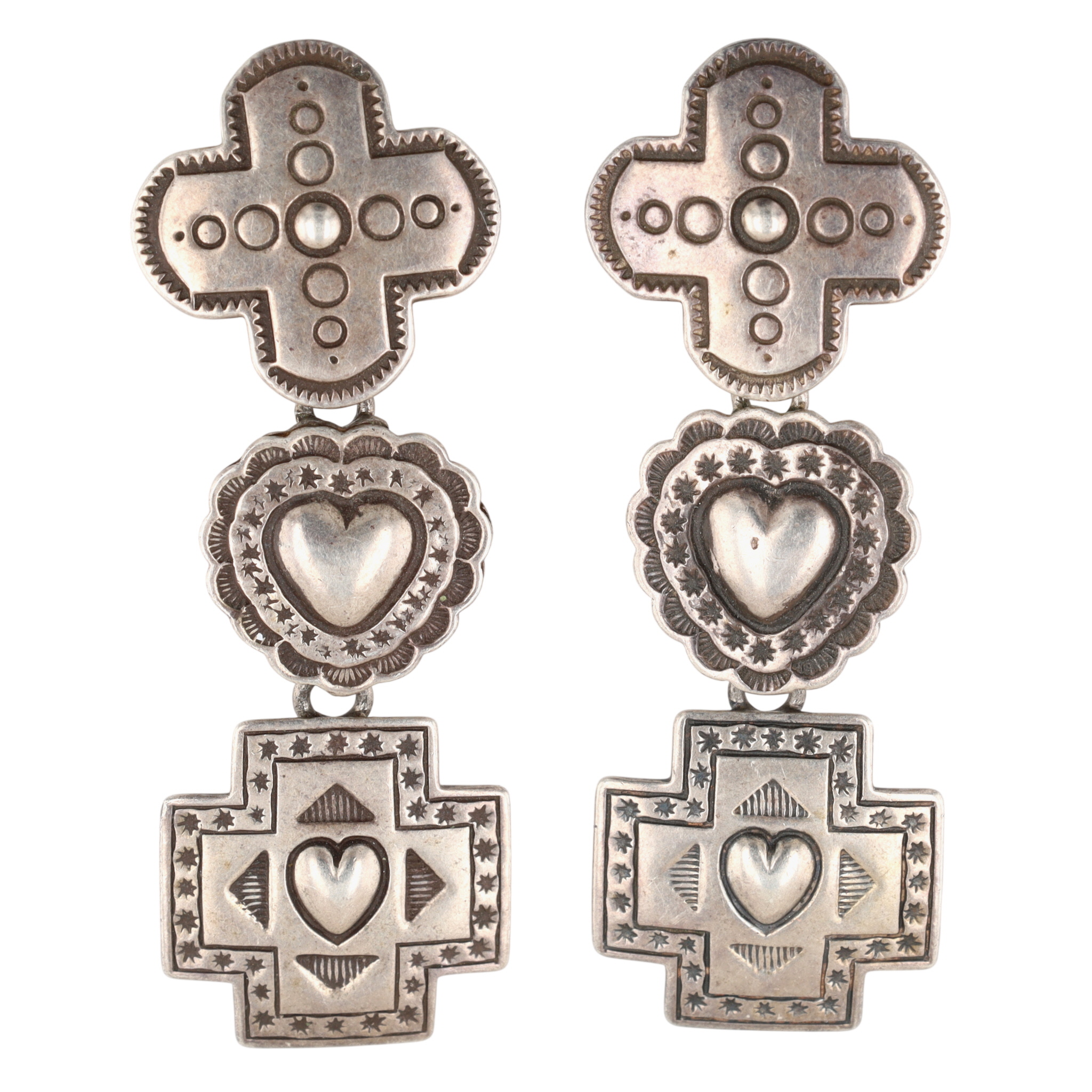 Elgin Tom Navajo Sterling Stamped Heart Dangle Earrings