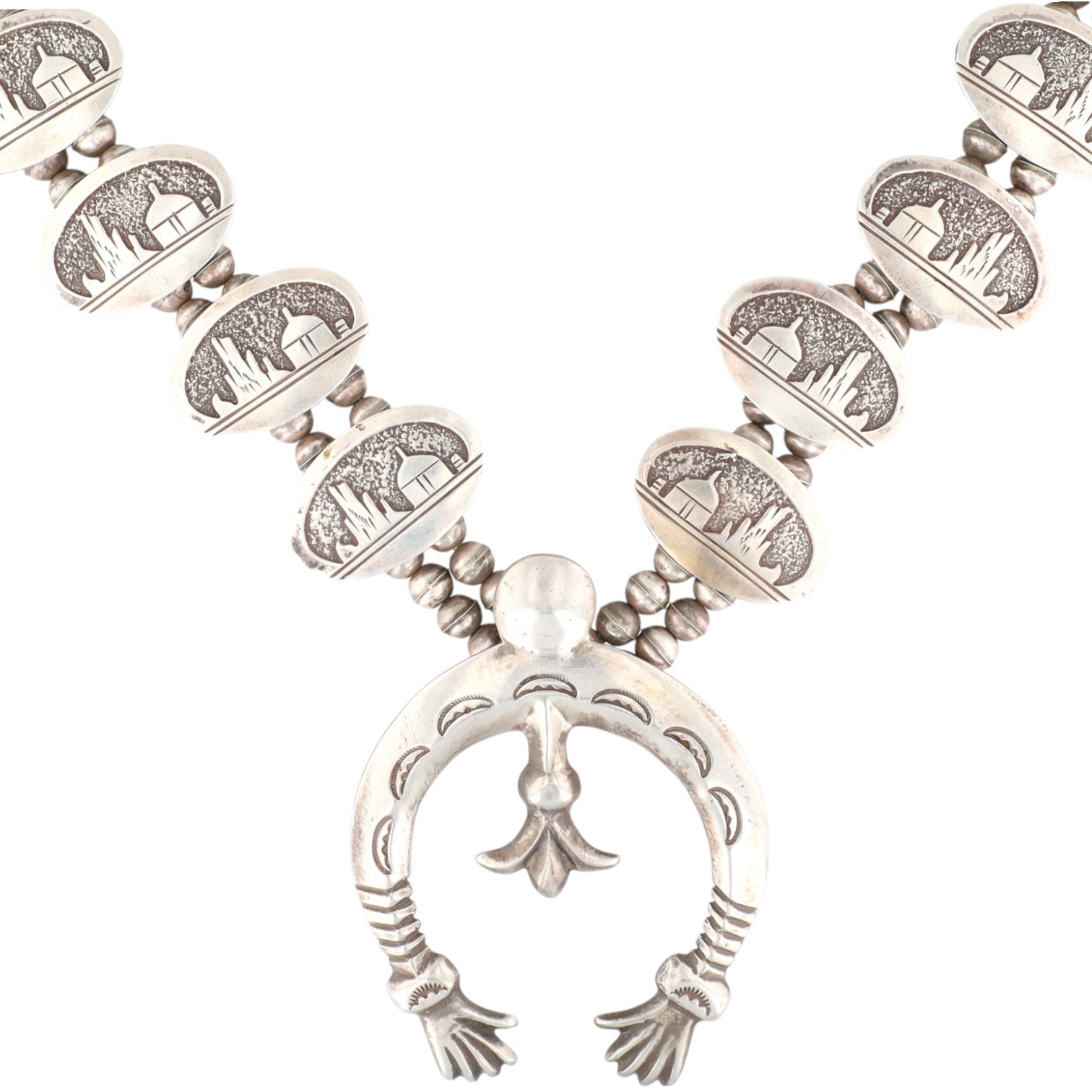 Francis L. Begay Navajo Sterling Storyteller Squash Blossom Necklace
