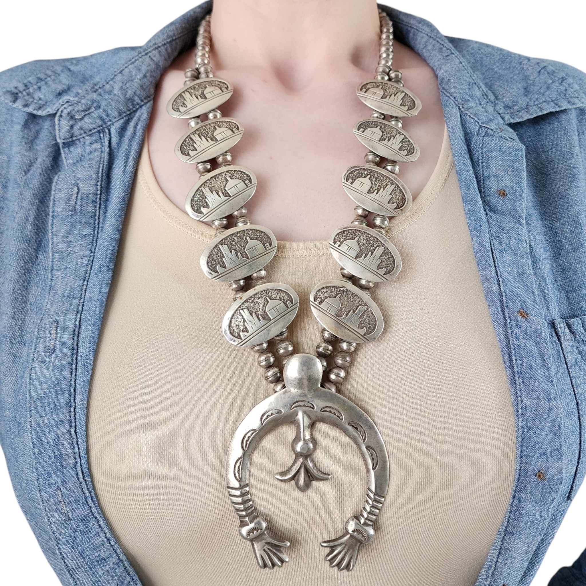 Francis L. Begay Navajo Sterling Storyteller Squash Blossom Necklace