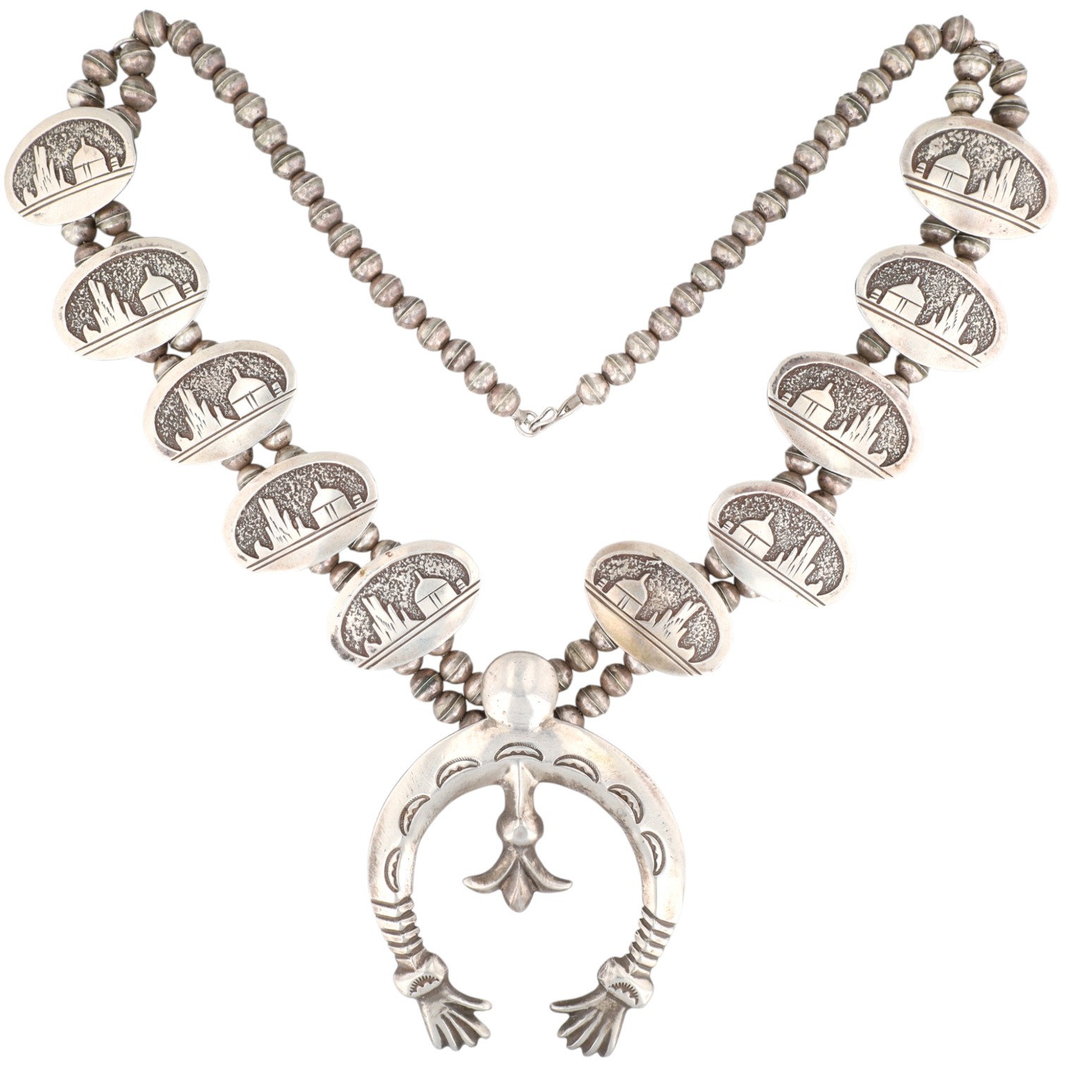 Francis L. Begay Navajo Sterling Storyteller Squash Blossom Necklace