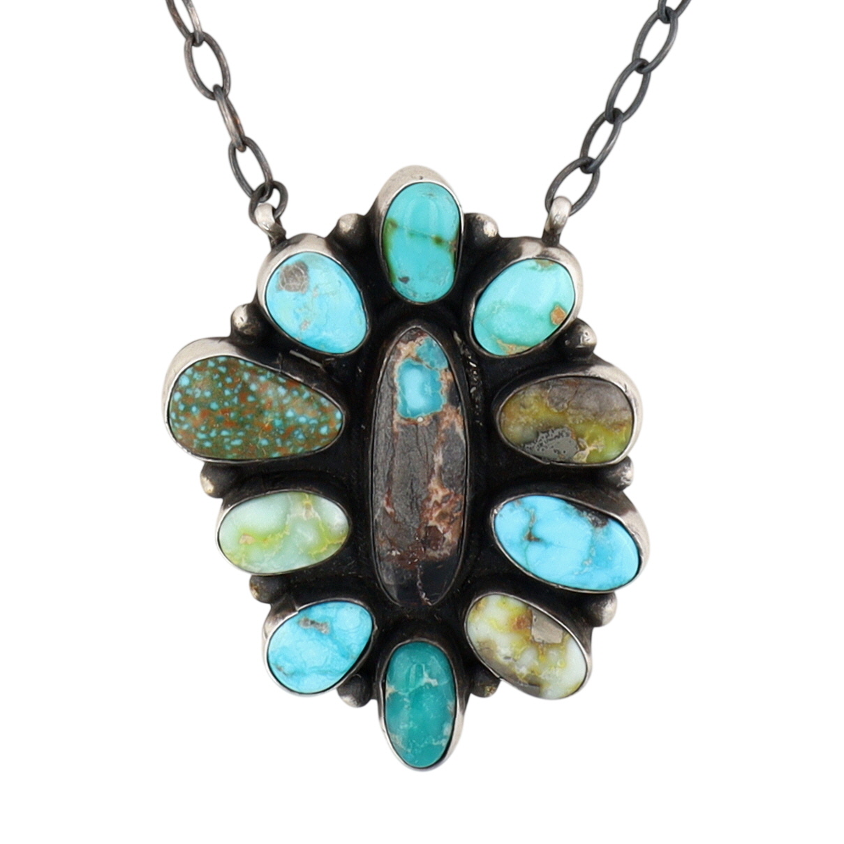Bennie Ramone Navajo Sterling Mixed Turquoise Cluster Necklace