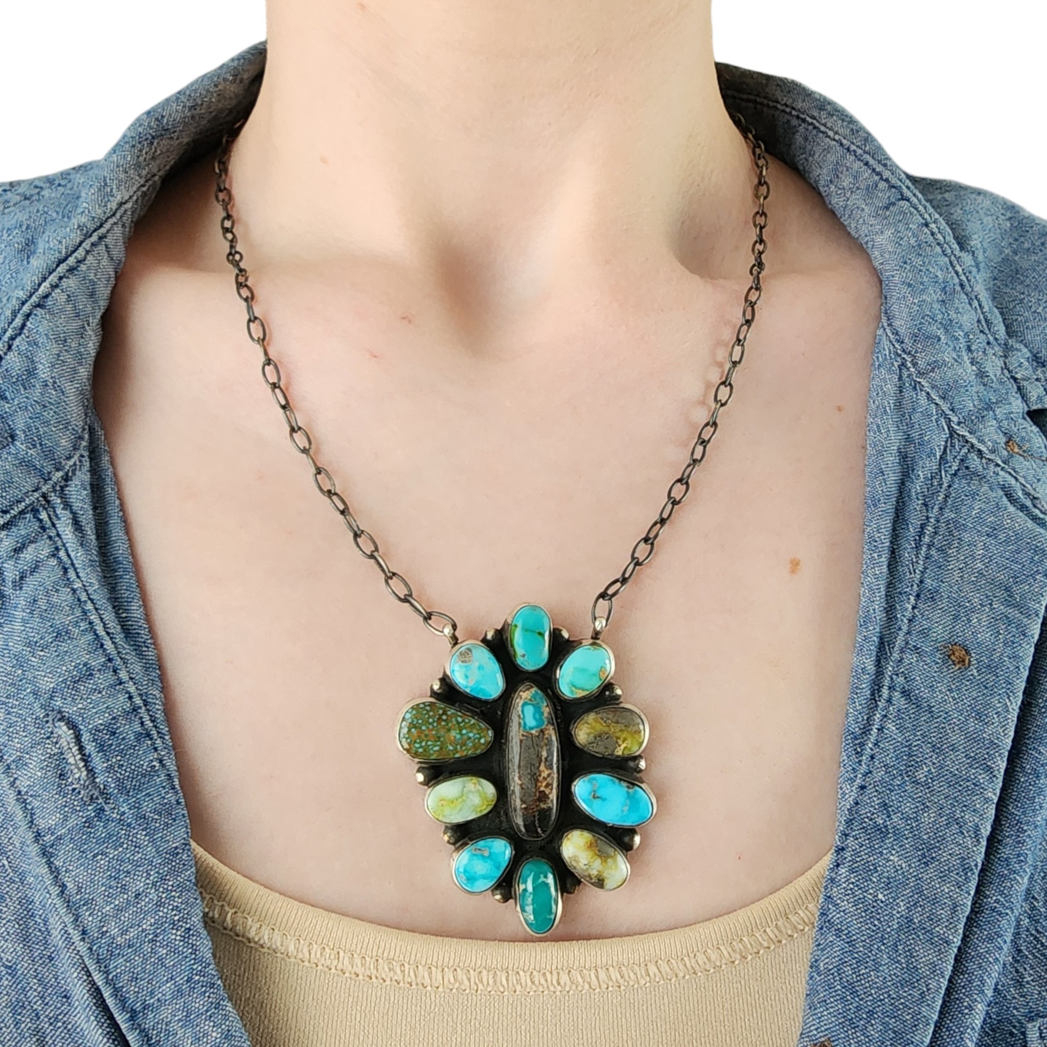 Bennie Ramone Navajo Sterling Mixed Turquoise Cluster Necklace