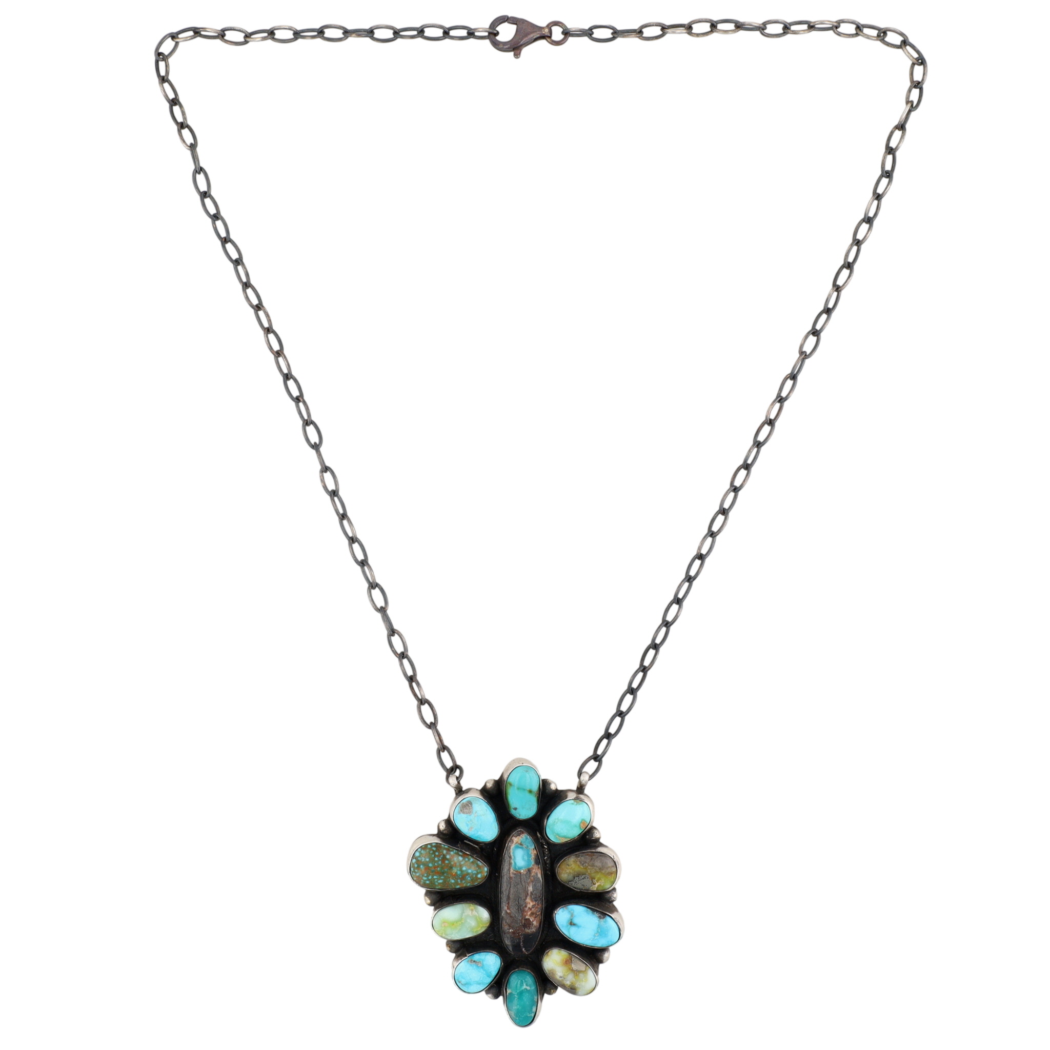 Bennie Ramone Navajo Sterling Mixed Turquoise Cluster Necklace