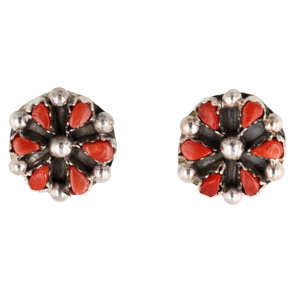 Lot 157: Tricia Leekity Zuni Sterling Coral Petit Point Earrings