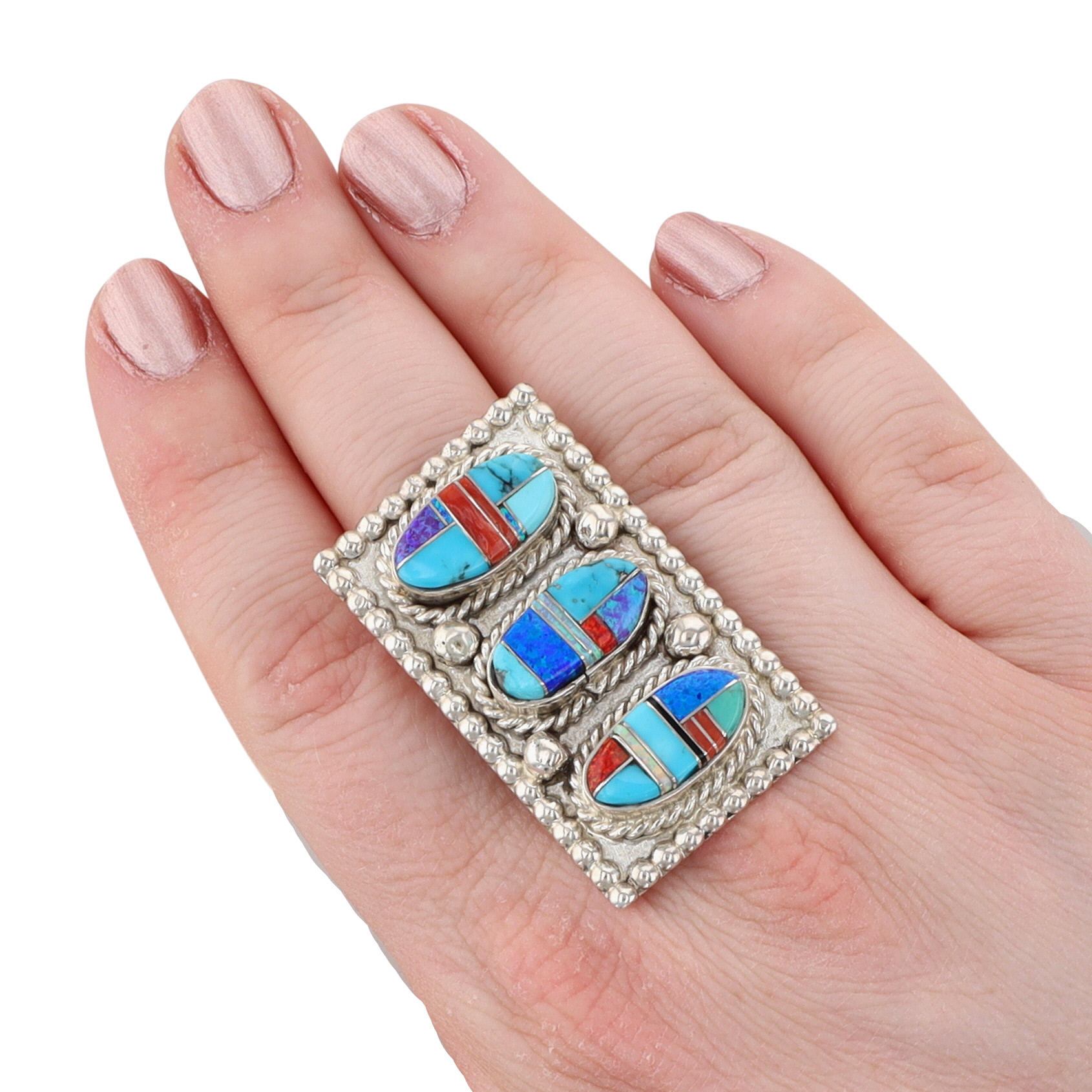 Terral Lee Navajo Sterling Multi-Stone Inlay Ring Sz 8.5