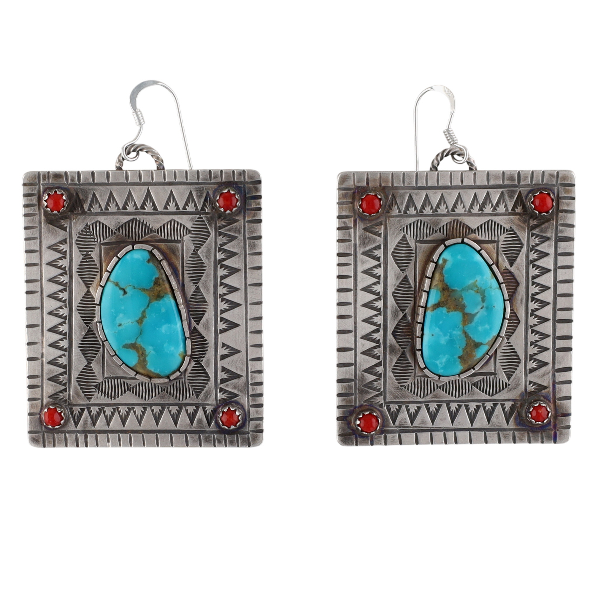 Marcus Becenti Navajo Sterling Turquoise Coral Stamped Earrings