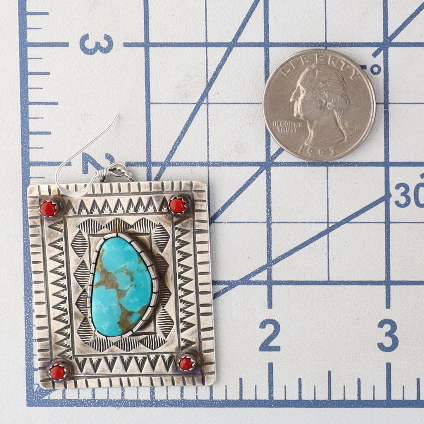 Marcus Becenti Navajo Sterling Turquoise Coral Stamped Earrings
