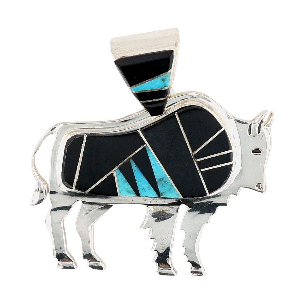 Lot 168: Calvin Begay Navajo Sterling Multi-Stone Inlay Buffalo Pendant