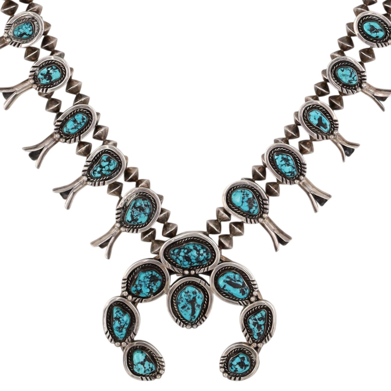 Vintage Navajo Sterling Turquoise Squash Blossom Necklace