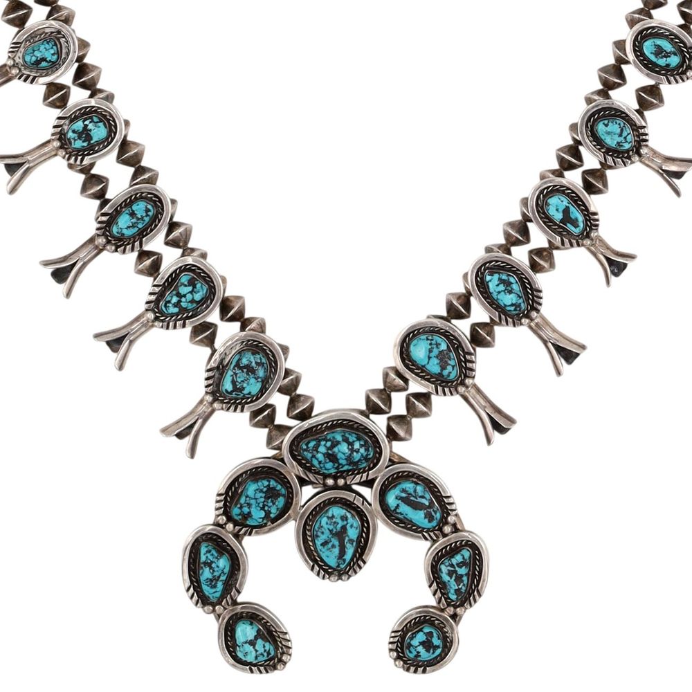 Lot 171: Vintage Navajo Sterling Turquoise Squash Blossom Necklace