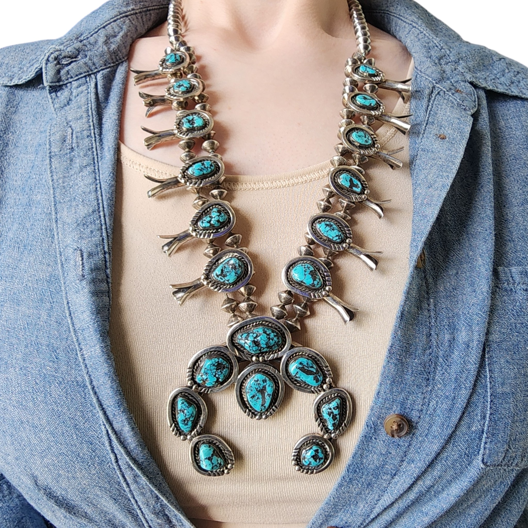 Vintage Navajo Sterling Turquoise Squash Blossom Necklace