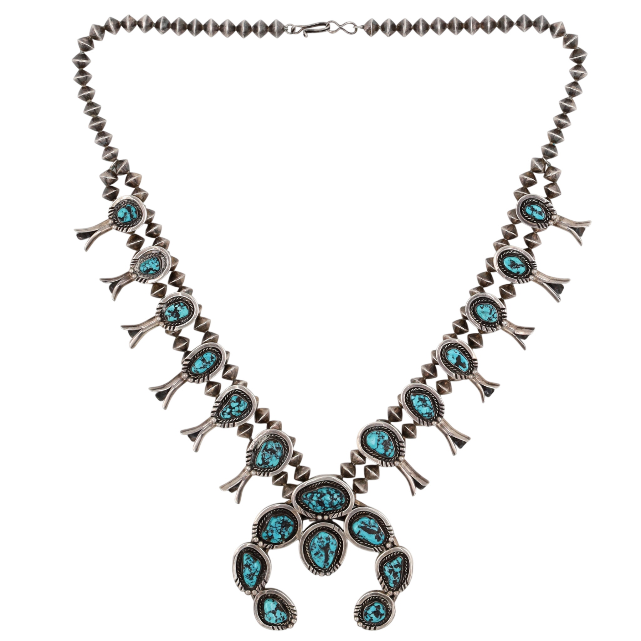 Vintage Navajo Sterling Turquoise Squash Blossom Necklace