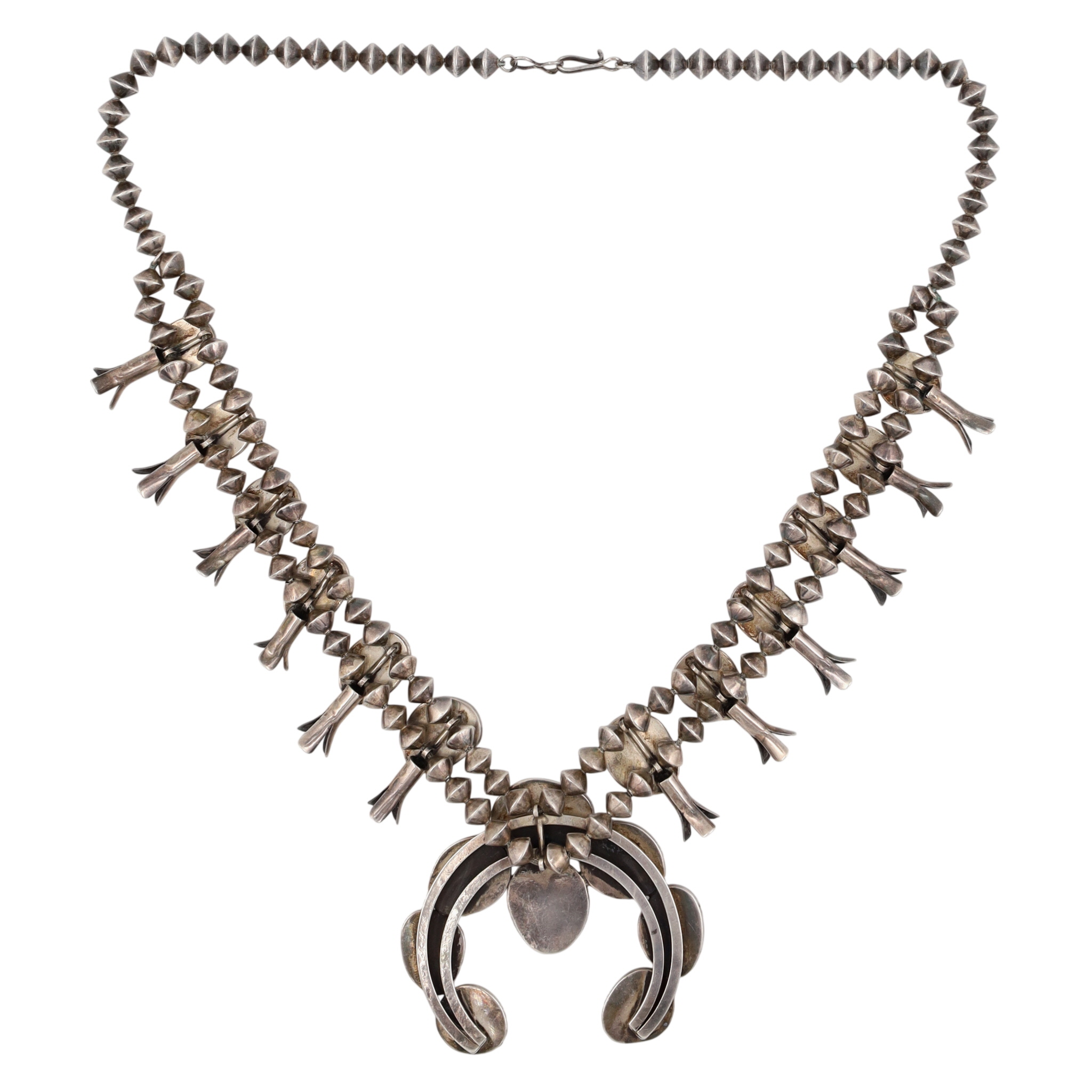 Vintage Navajo Sterling Turquoise Squash Blossom Necklace