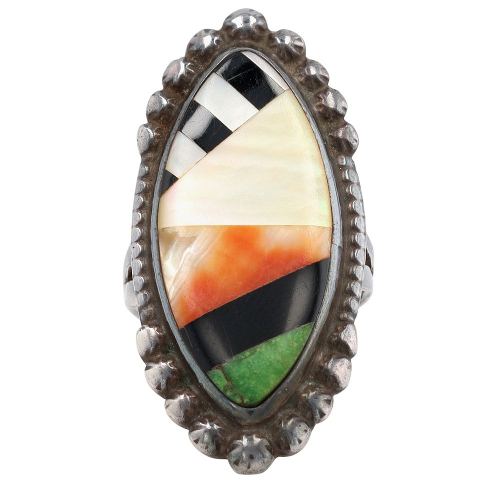 Lot 174: Vintage Zuni Sterling Multi-Stone Inlay Ring Sz 6