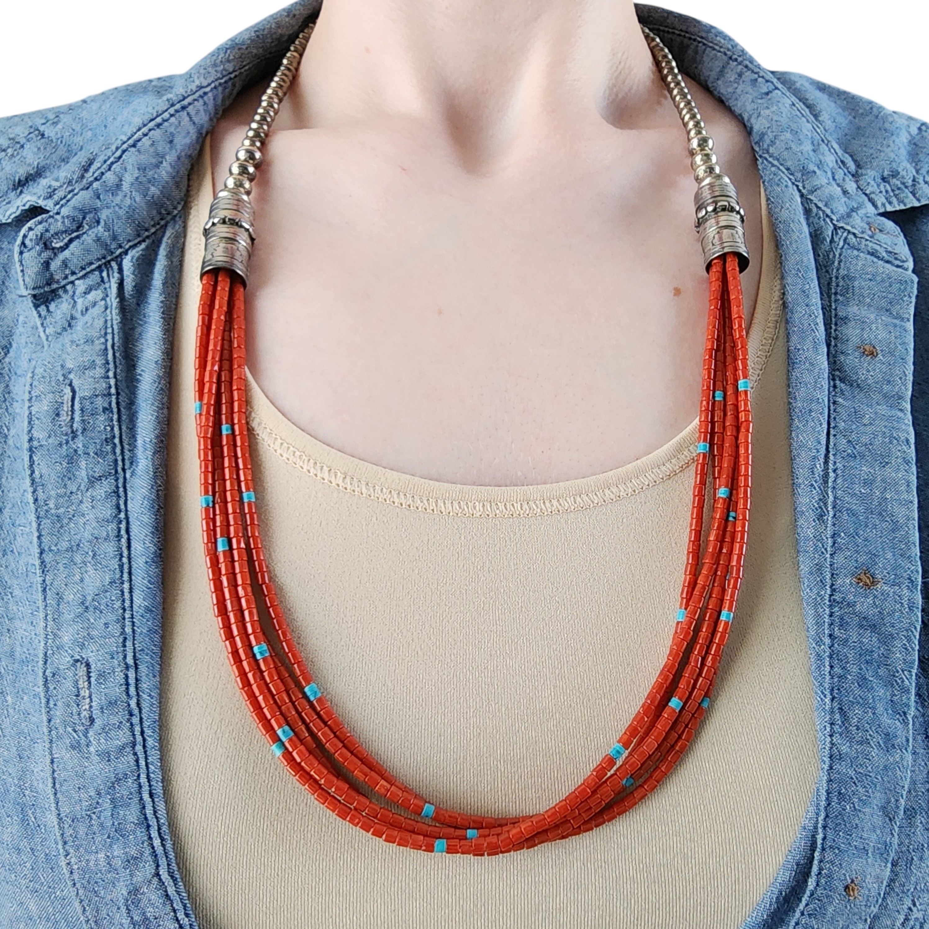 Navajo Sterling Kanab Coral and Turquoise Bead Necklace
