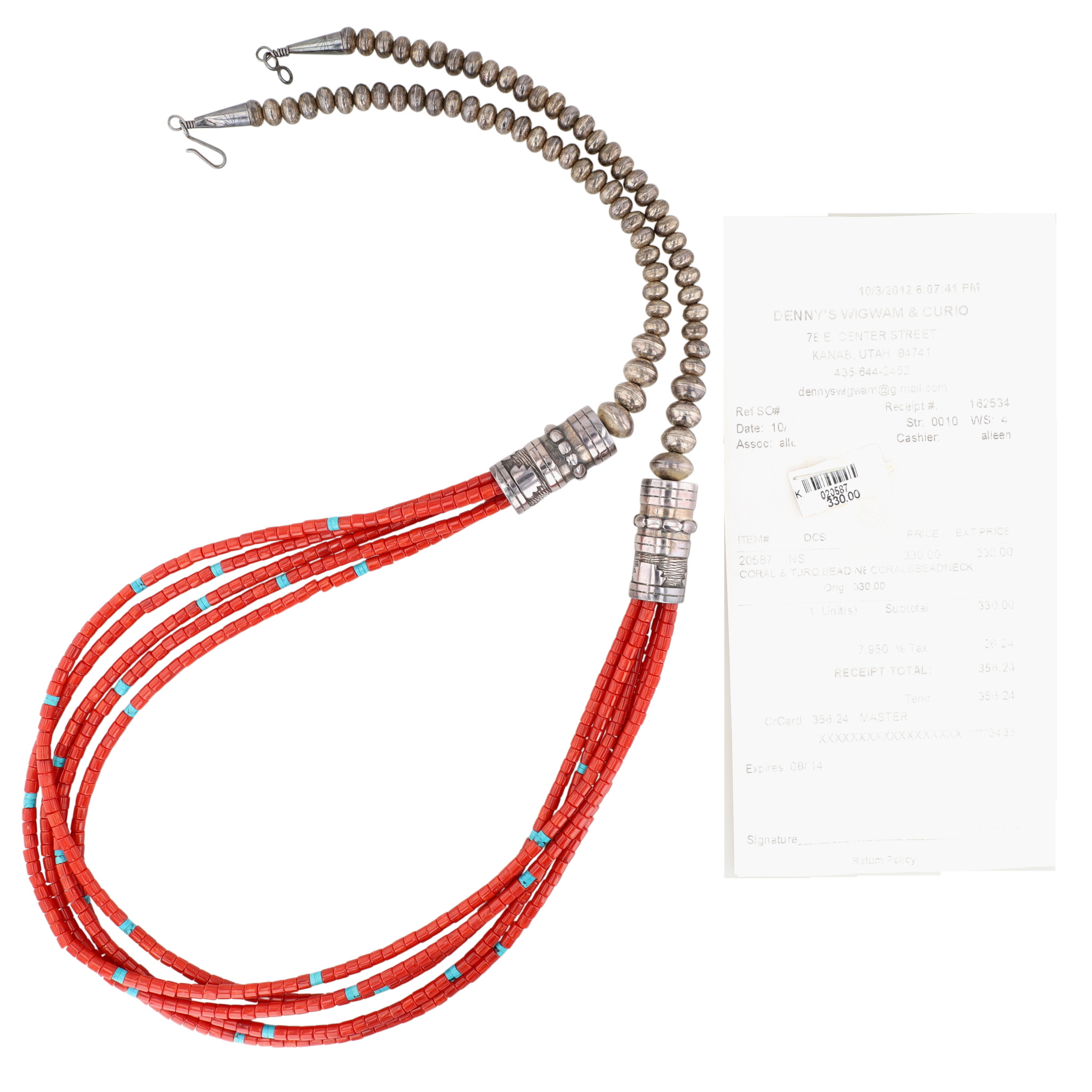 Navajo Sterling Kanab Coral and Turquoise Bead Necklace