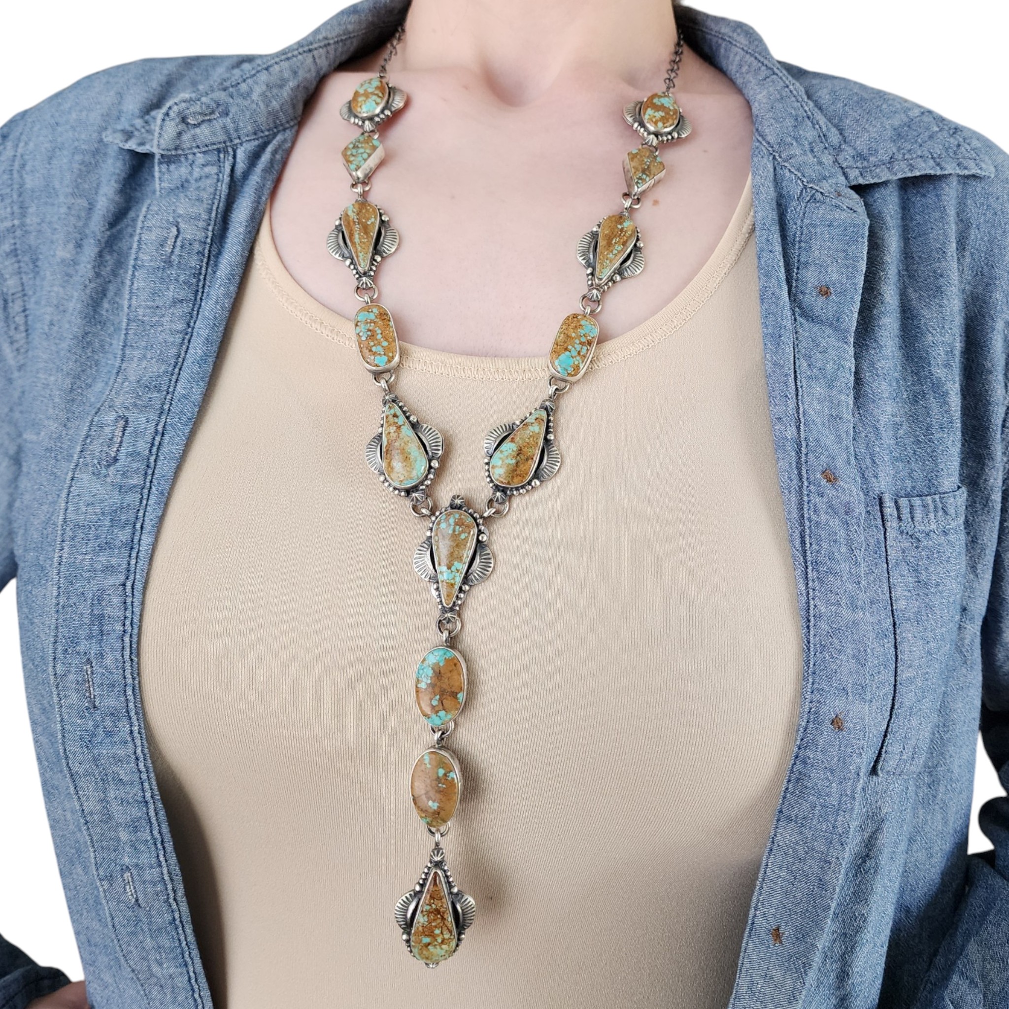 Bob Becenti Navajo Sterling #8 Turquoise Lariat Necklace