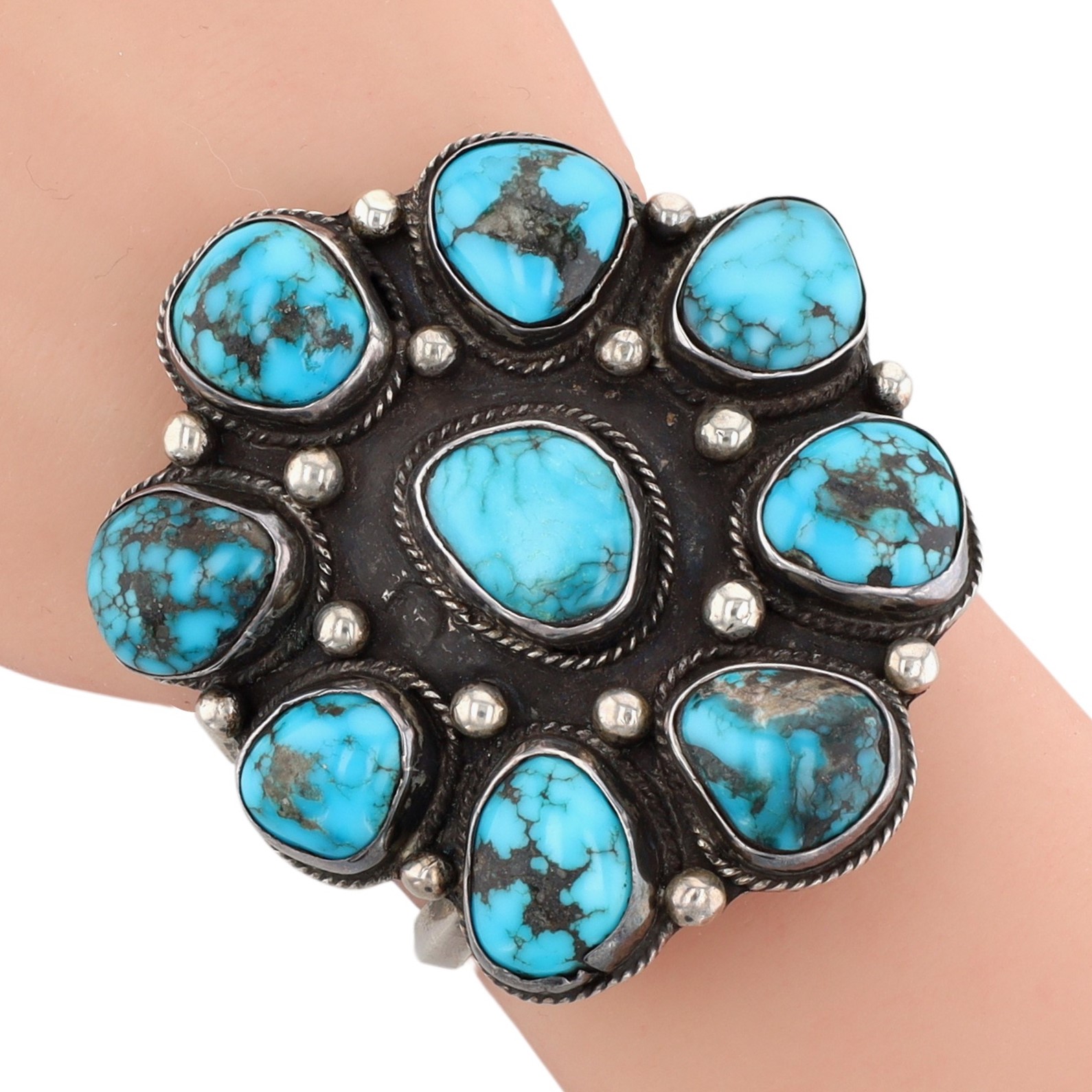 Vintage Signed Navajo Sterling Cluster Cuff Bracelet