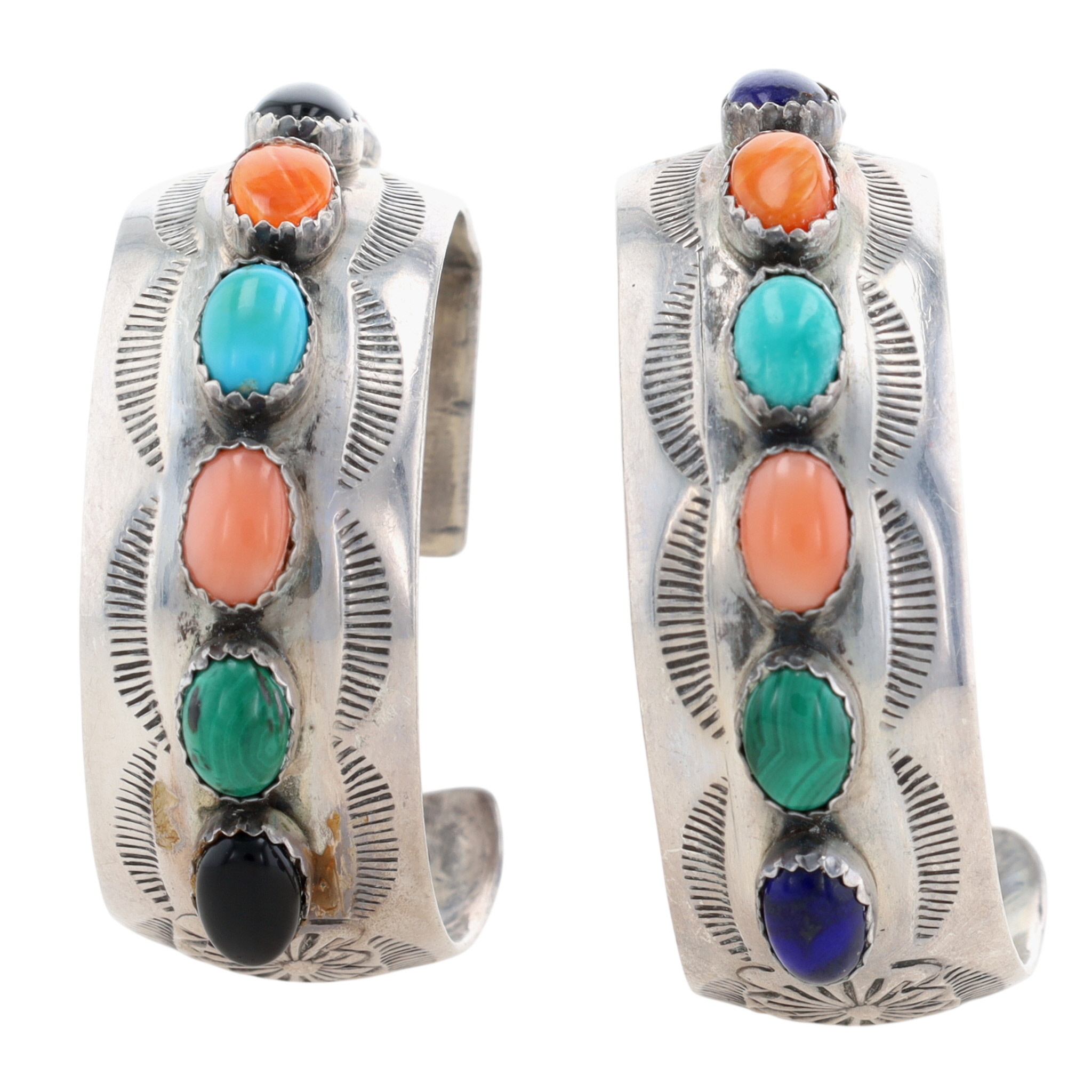 Signed Navajo Sterling Multi-Stone Stamped Hoop Earrings