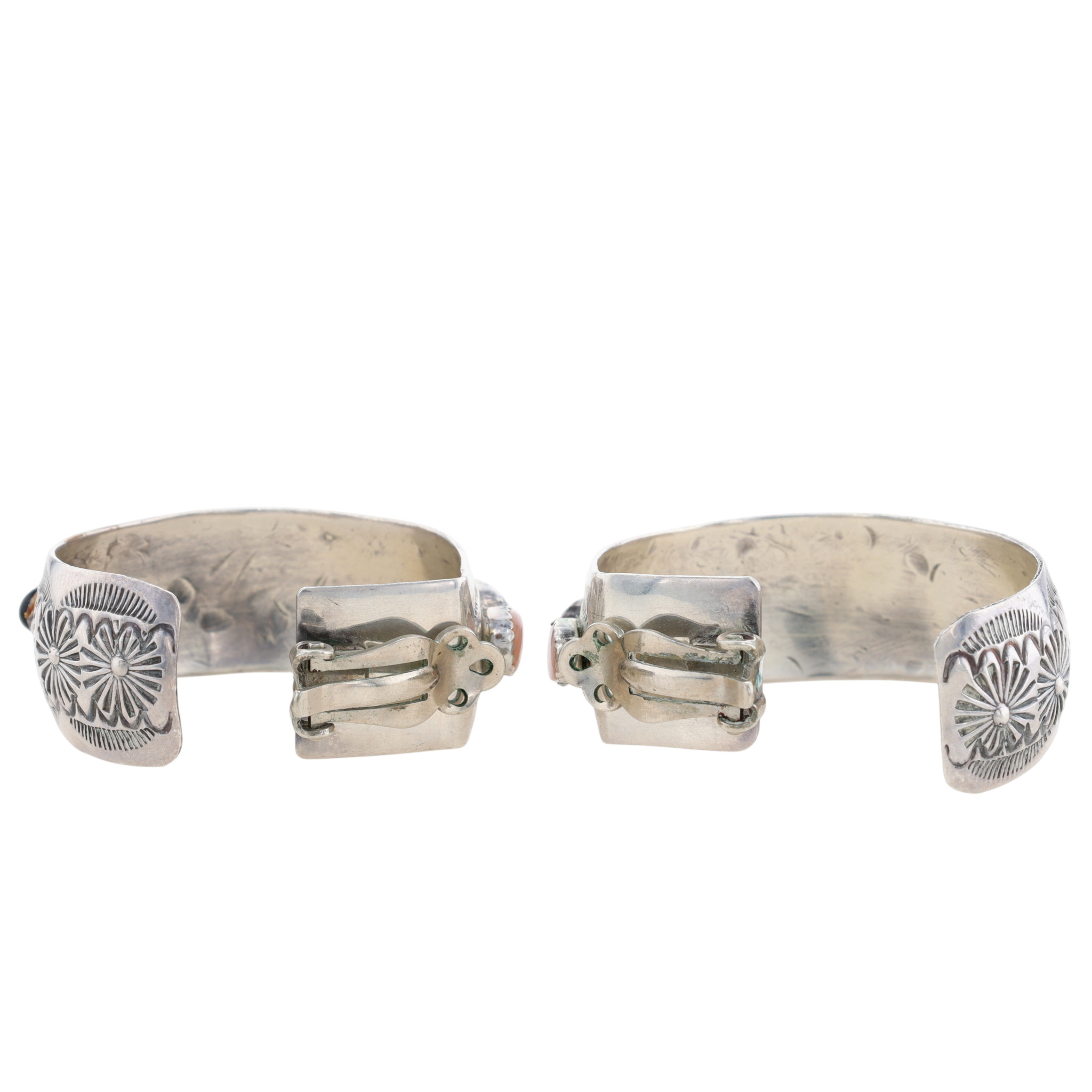Signed Navajo Sterling Multi-Stone Stamped Hoop Earrings
