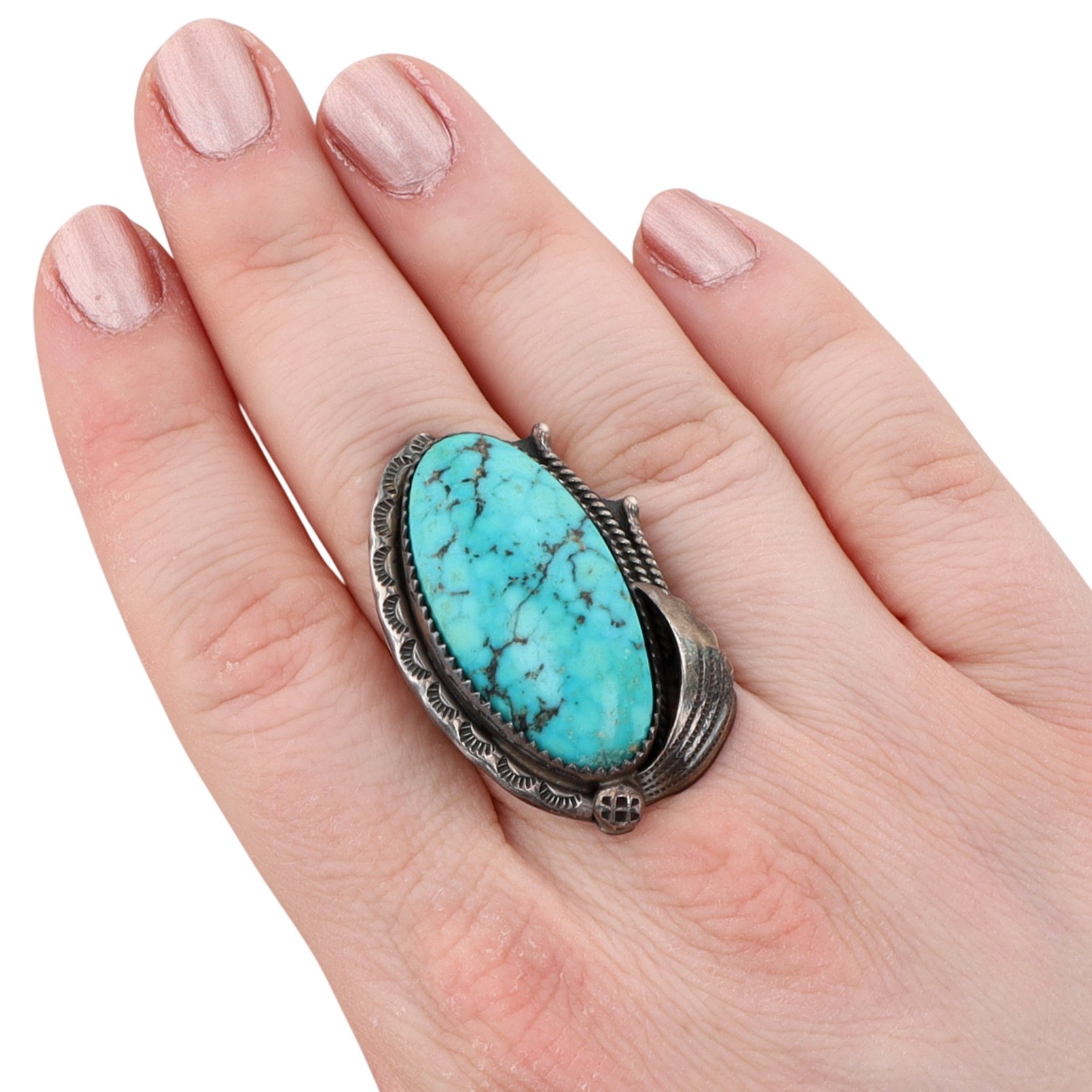 Vintage Signed Navajo Sterling Turquoise Ring Sz 7.5