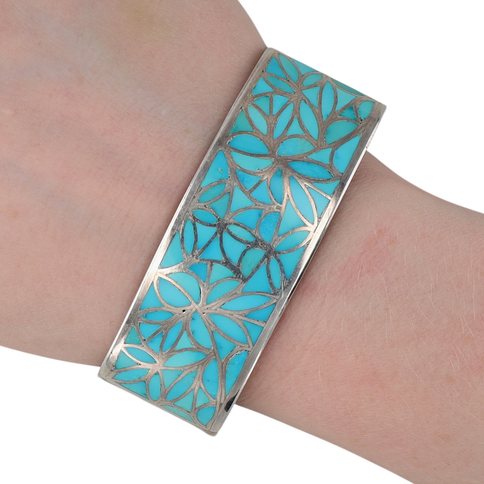 Orson & Sharon Naktewa Zuni Sterling Turquoise Fish Scale Inlay Cuff Bracelet