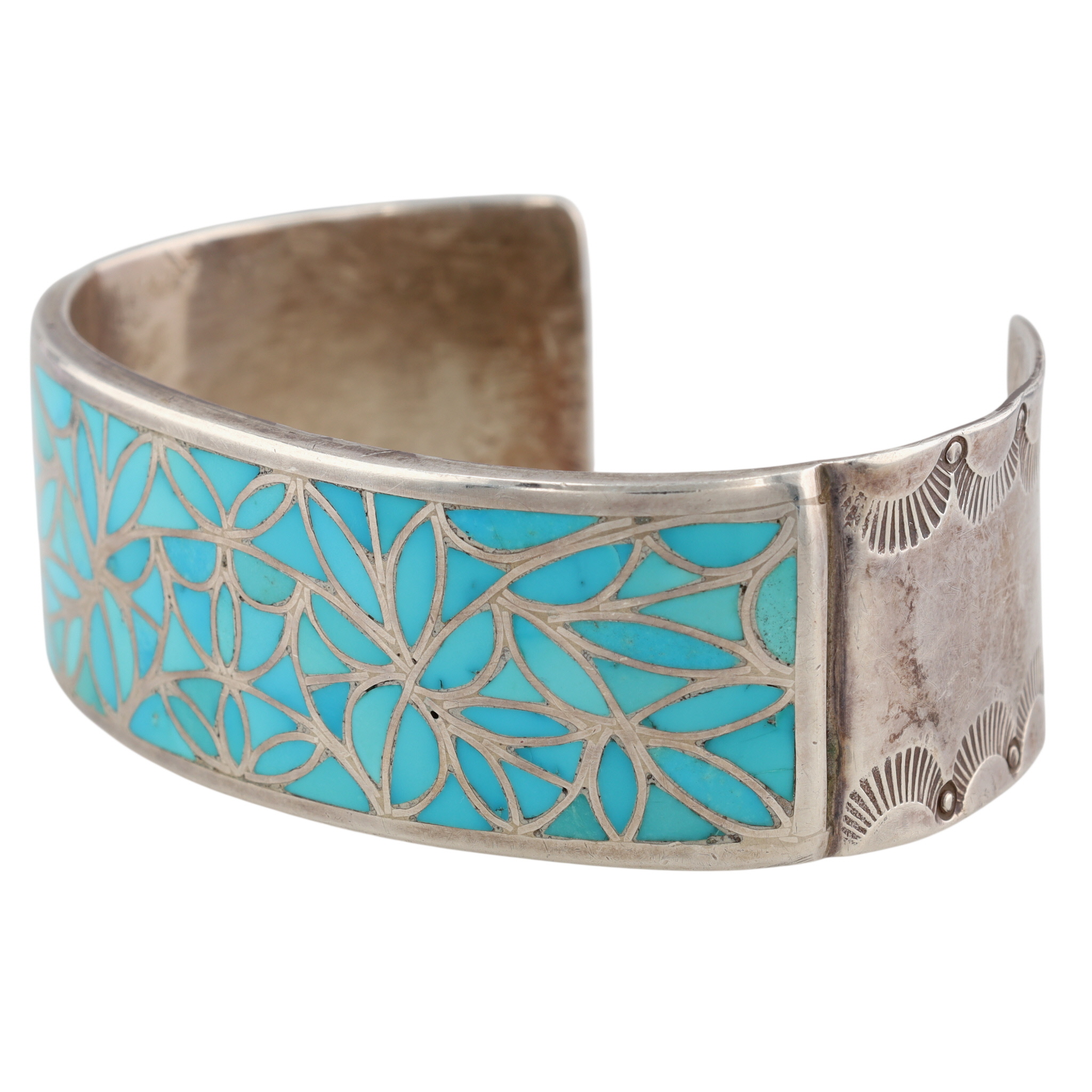 Orson & Sharon Naktewa Zuni Sterling Turquoise Fish Scale Inlay Cuff Bracelet