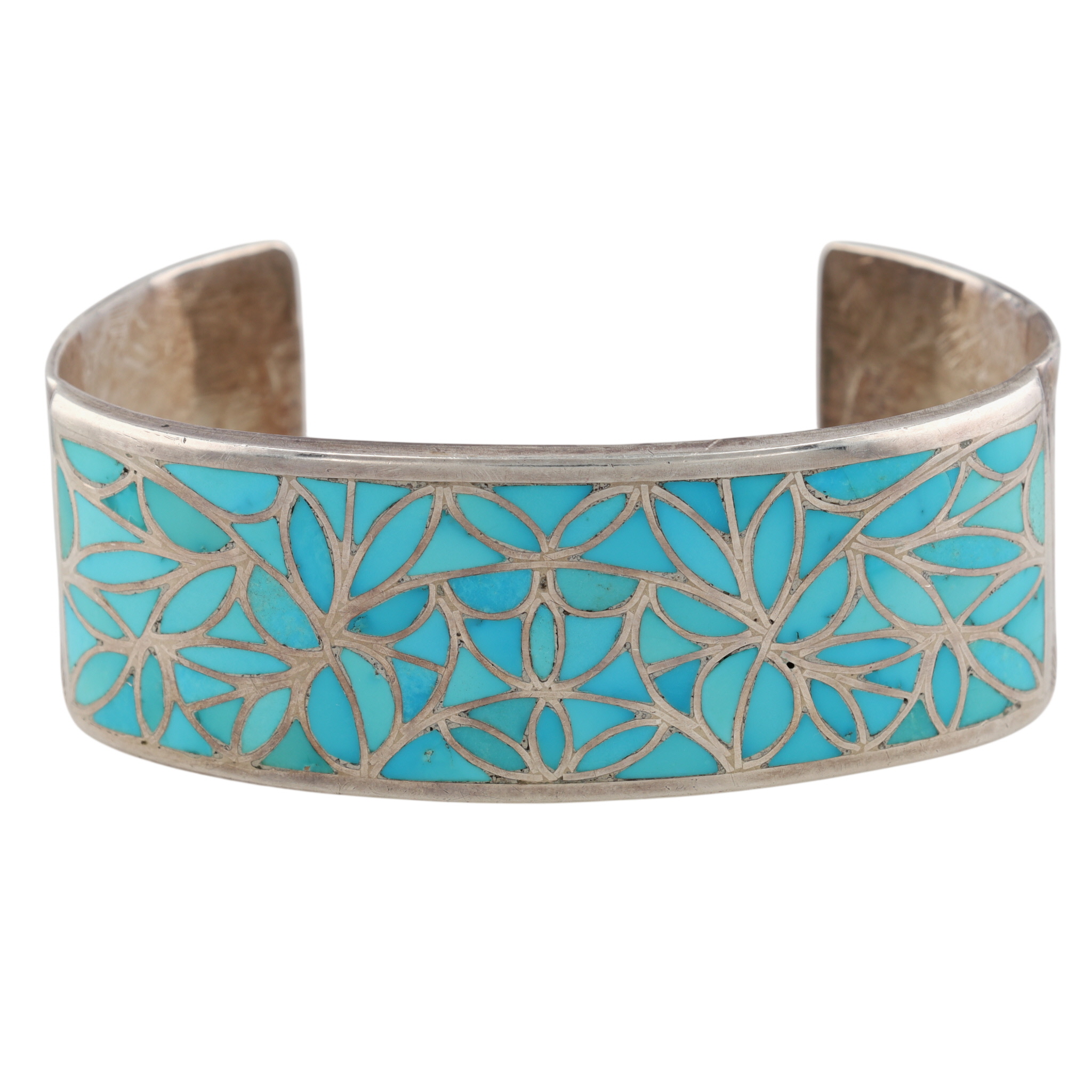 Orson & Sharon Naktewa Zuni Sterling Turquoise Fish Scale Inlay Cuff Bracelet