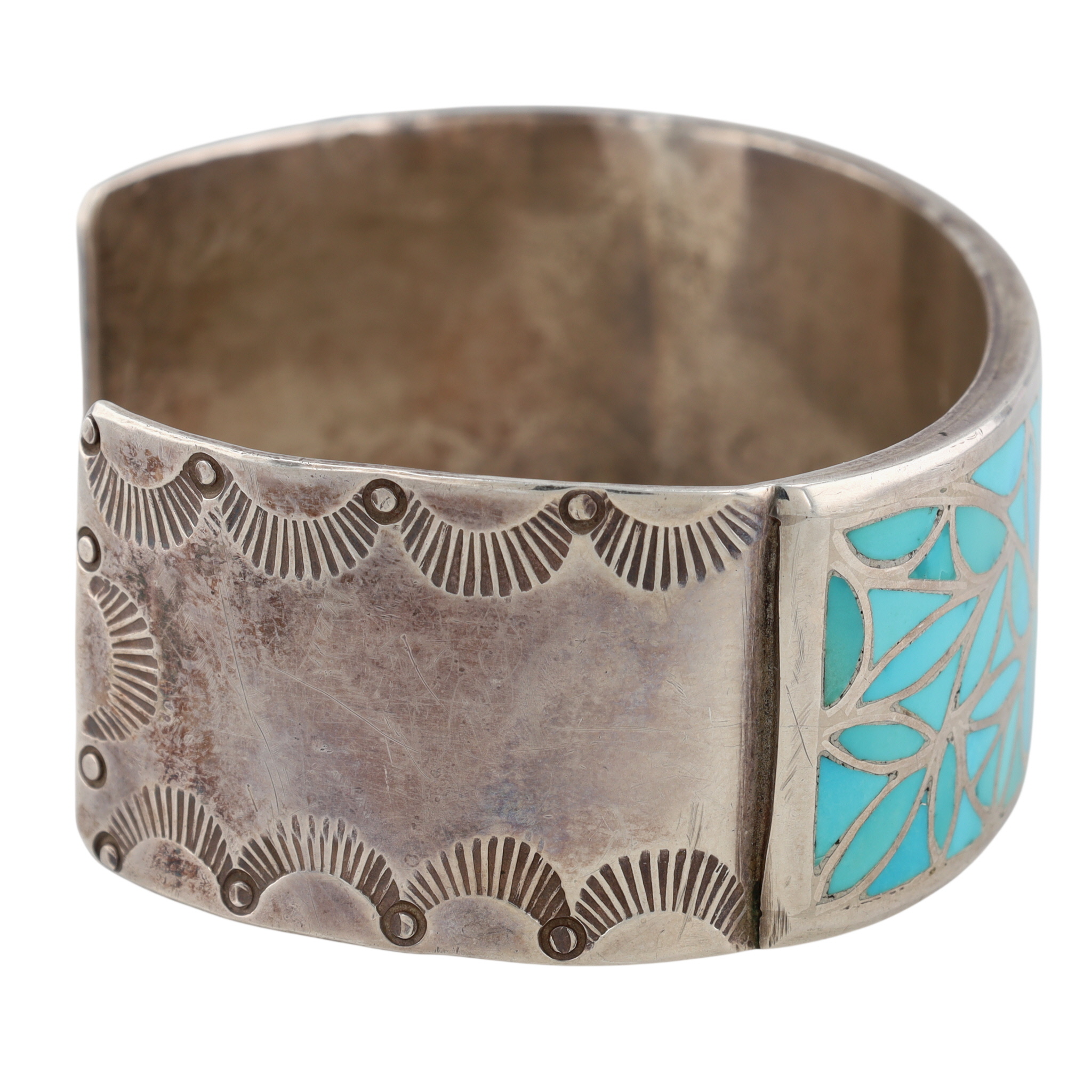 Orson & Sharon Naktewa Zuni Sterling Turquoise Fish Scale Inlay Cuff Bracelet