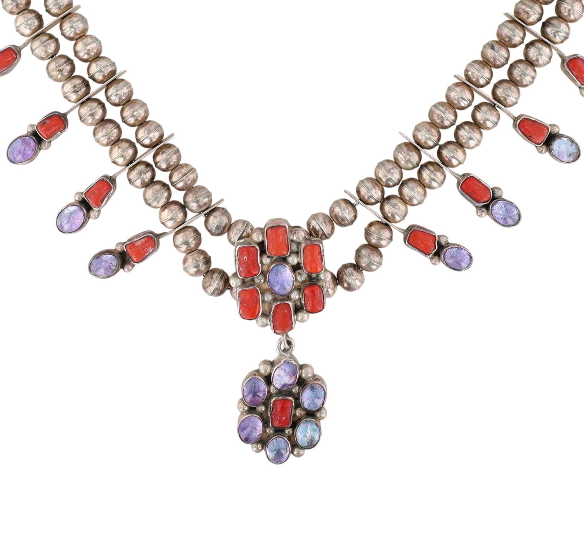 Vintage Navajo Sterling Amethyst and Coral Station Necklace